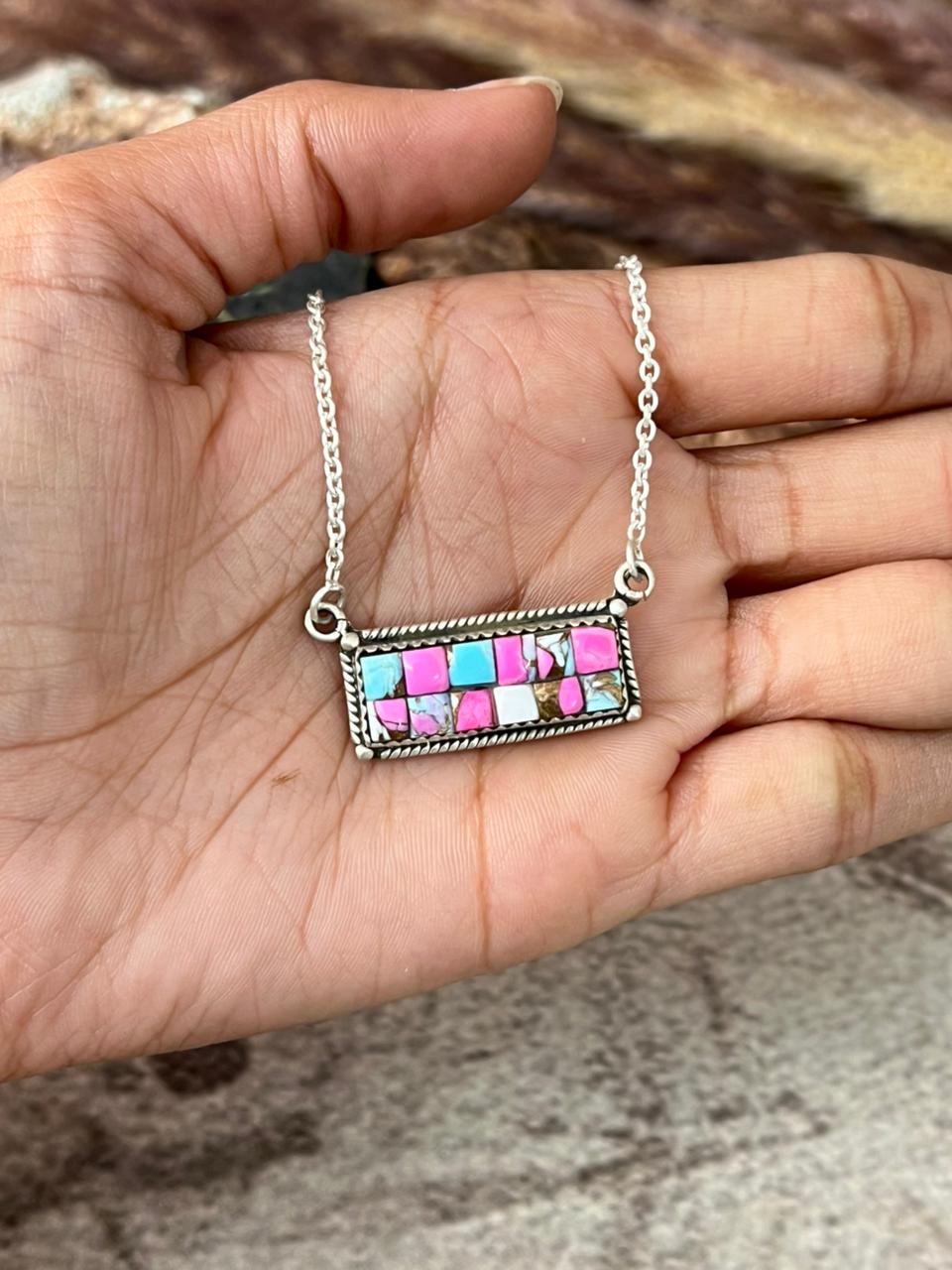 Handmade Sterling Silver Cotton Candy Cobble Stone Bar Necklace "Signed Nizhoni"