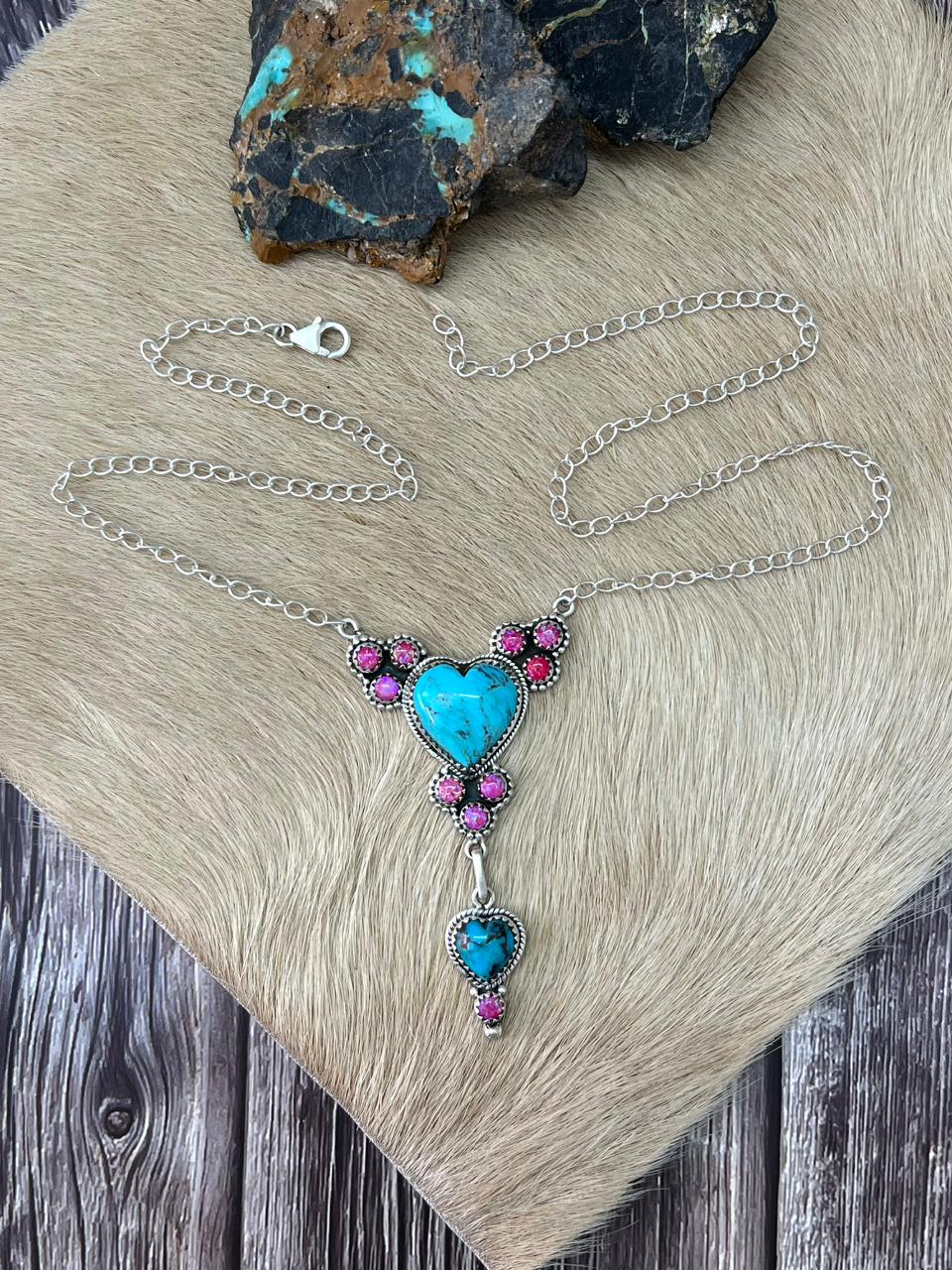 Handmade Sterling Silver Arizona Turquoise with Hot Pink Necklace "Signed Nizhoni"
