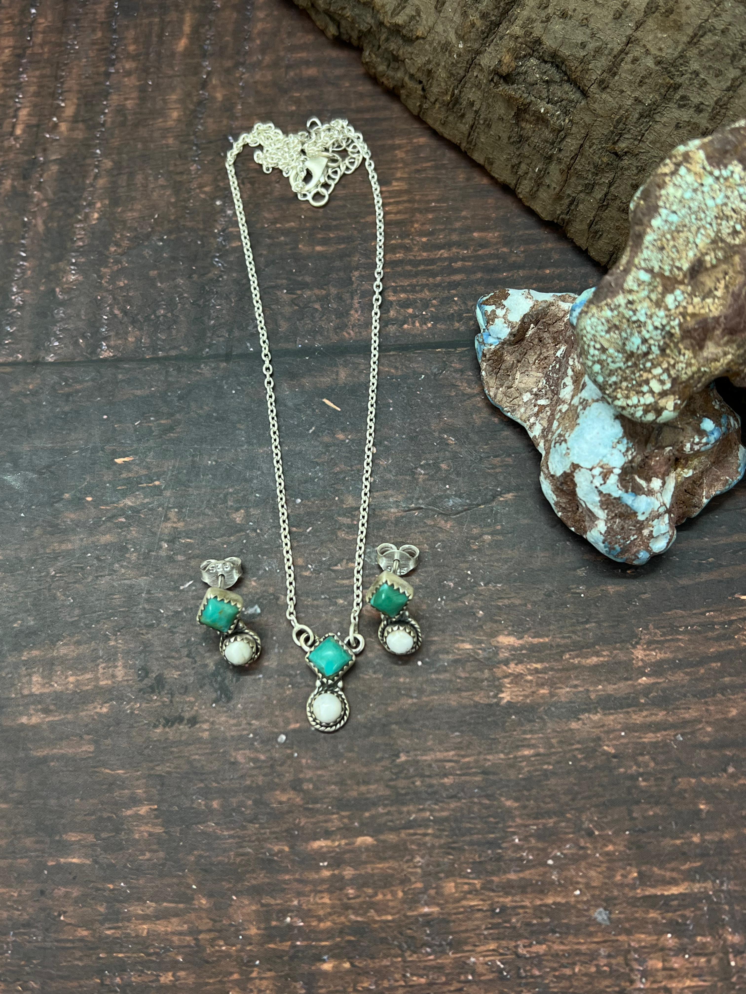 Handmade Sterling Silver Kingman with White Buffalo Necklace Earrings Set with Signed Nizhoni