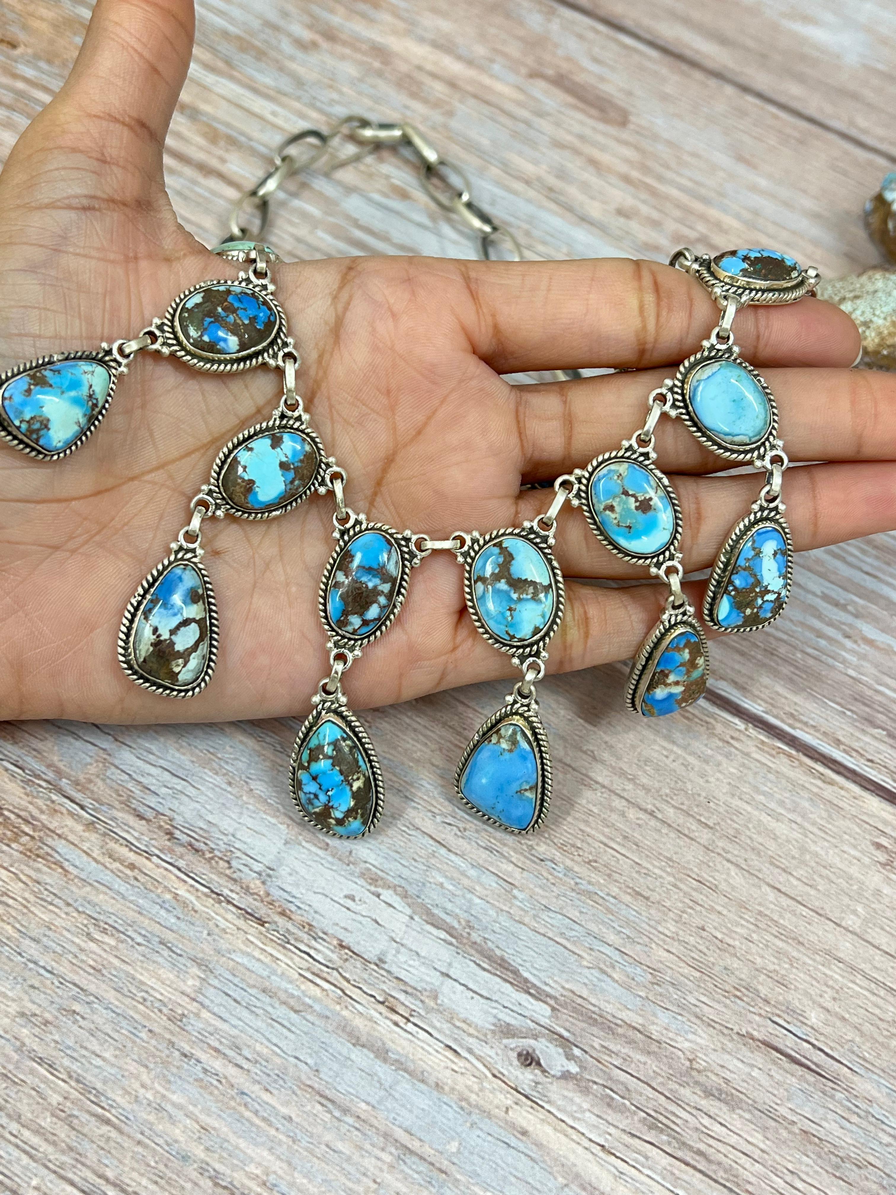 Handmade Sterling Silver Golden Hills Turquoise Necklace with Signed Nizhoni