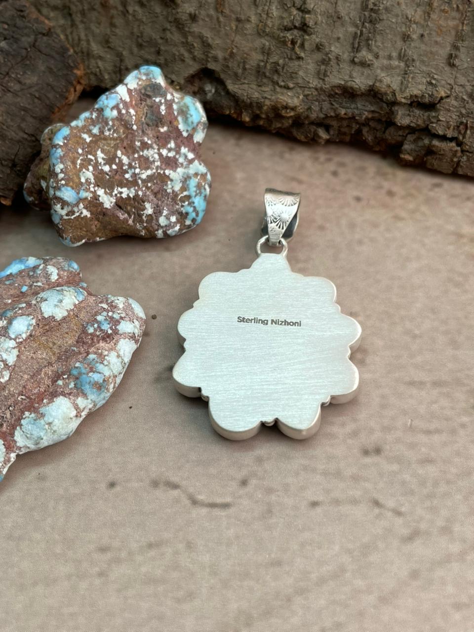 Handmade Sterling Silver Emerald Valley Turquoise Pendant with Signed Nizhoni