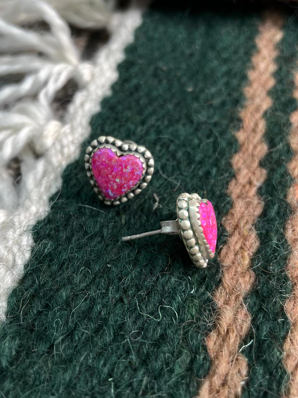 Handmade Sterling Silver Hot Pink Heart Shape Post Studs Earrings "Signed Nizhoni"