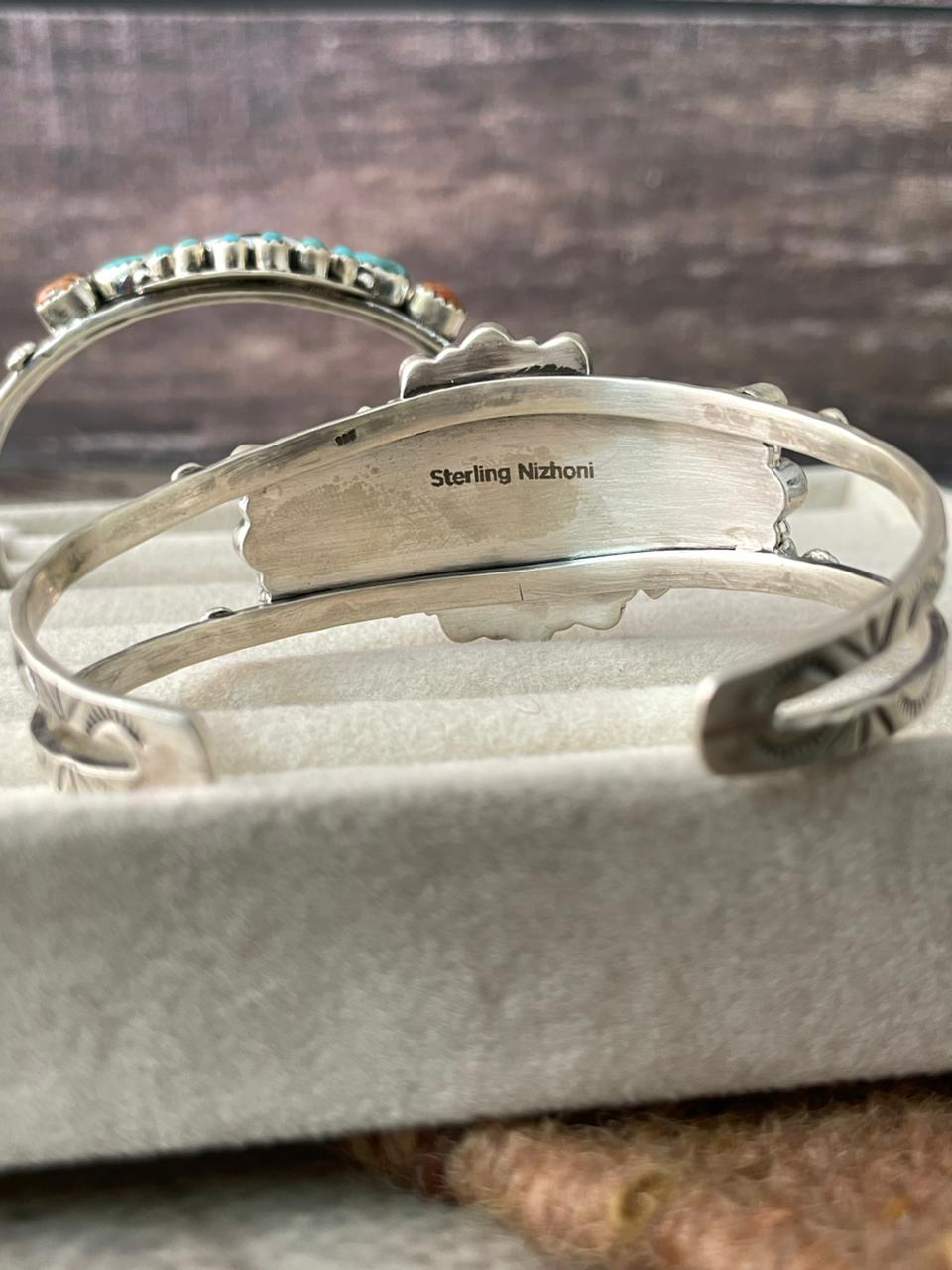 Handmade Sterling Silver Turquoise and MOP Cuff Bracelet "Signed Nizhoni"