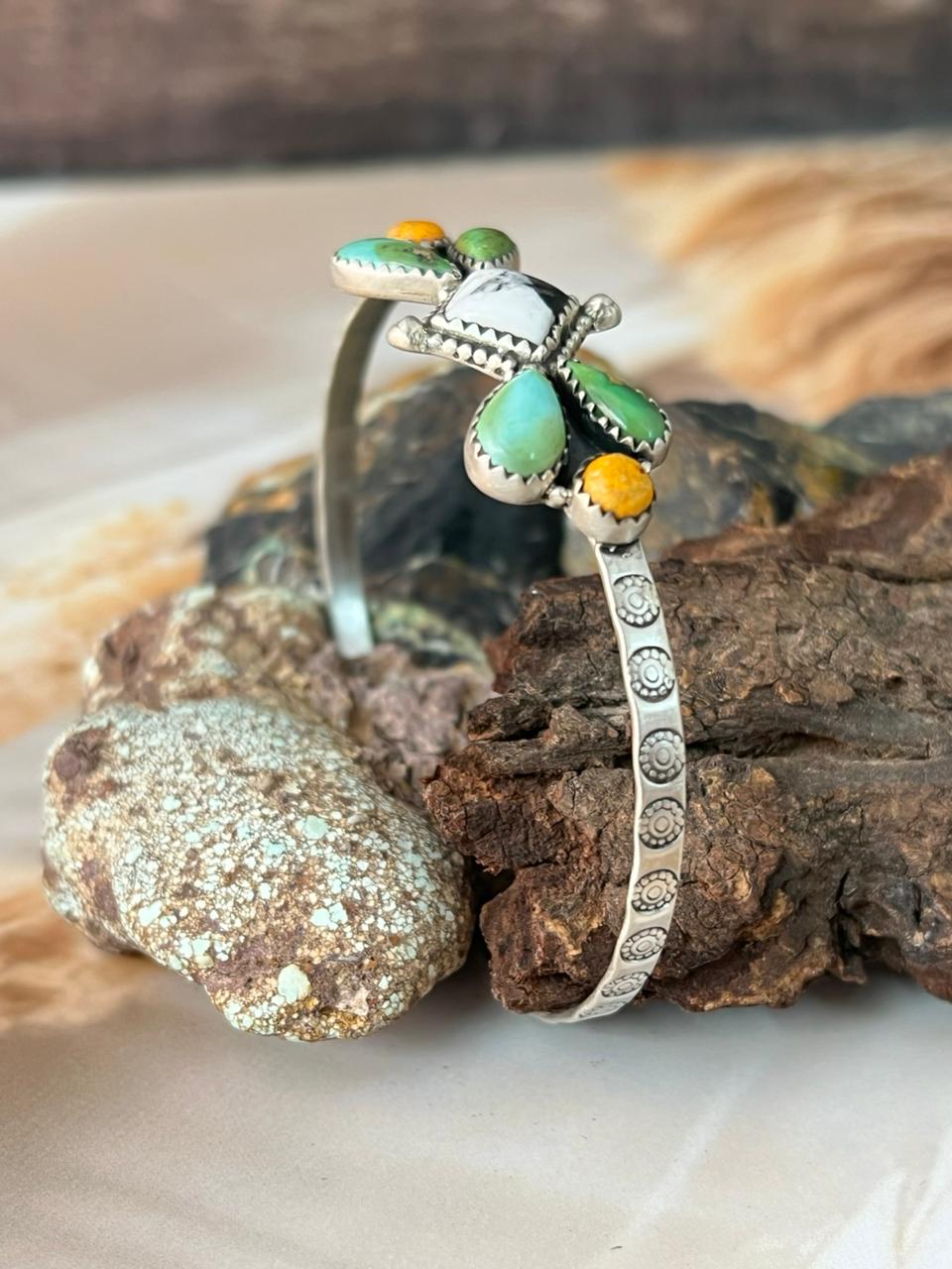 Handmade Sterling Silver Spring Collection: Bumblebee with Sonoran and White Buffalo Bracelet "Signed Nizhoni"
