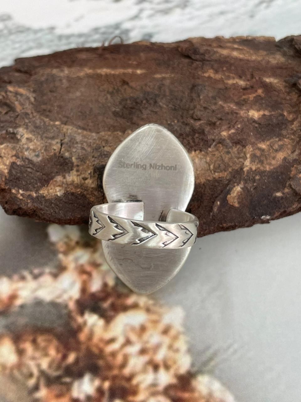 Handmade Sterling Silver Arizona Turquoise Heart Adjustable Ring "Signed Nizhoni"