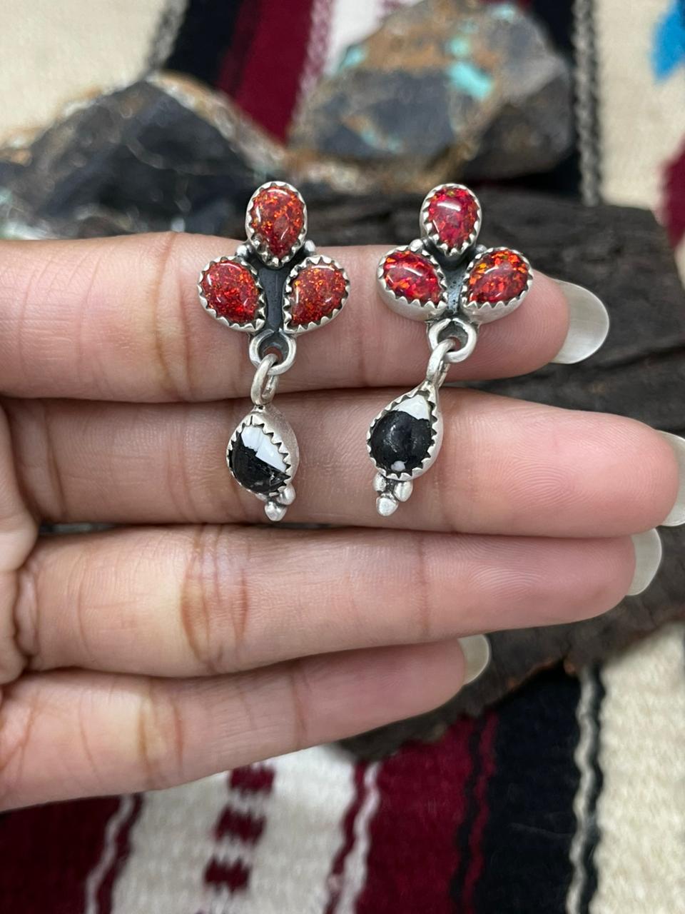 "Christmas Collection" Handmade Sterling Silver White Buffalo with Red Opal Dangle Earrings "Signed Nizhoni"