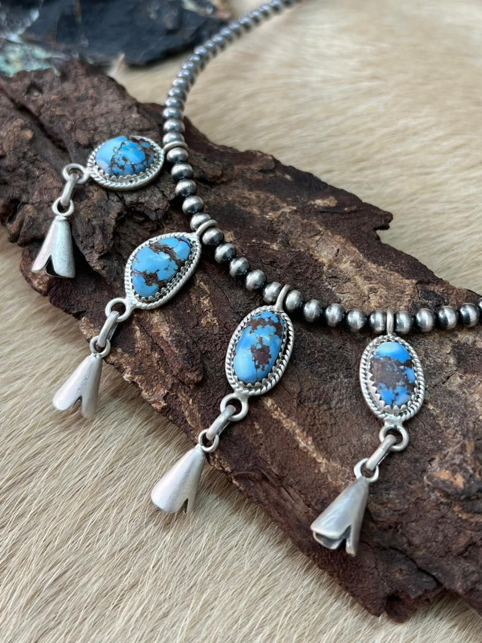 Handmade Sterling Silver Golden Hills Turquoise Beaded Necklace "Signed Nizhoni"