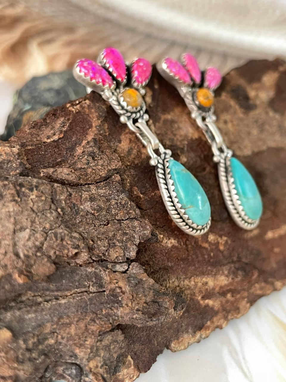 Handmade Sterling Silver Spring Collection: Hot Pink with Bumblebee and Kingman Post Dangle Earrings "Signed Nizhoni"