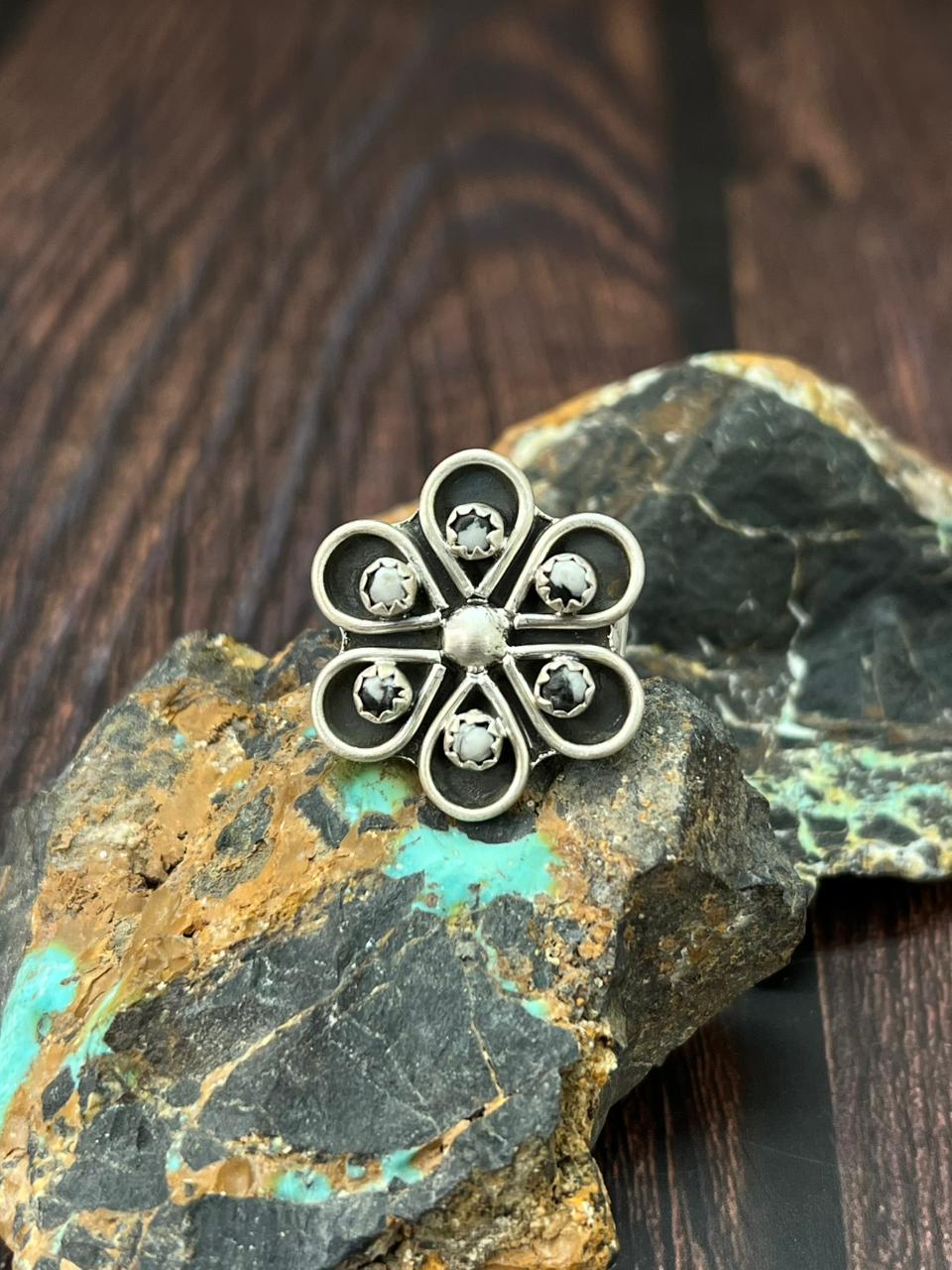 Handmade Sterling Silver White Buffalo Adjustable Ring "Singed Nizhoni" (1)