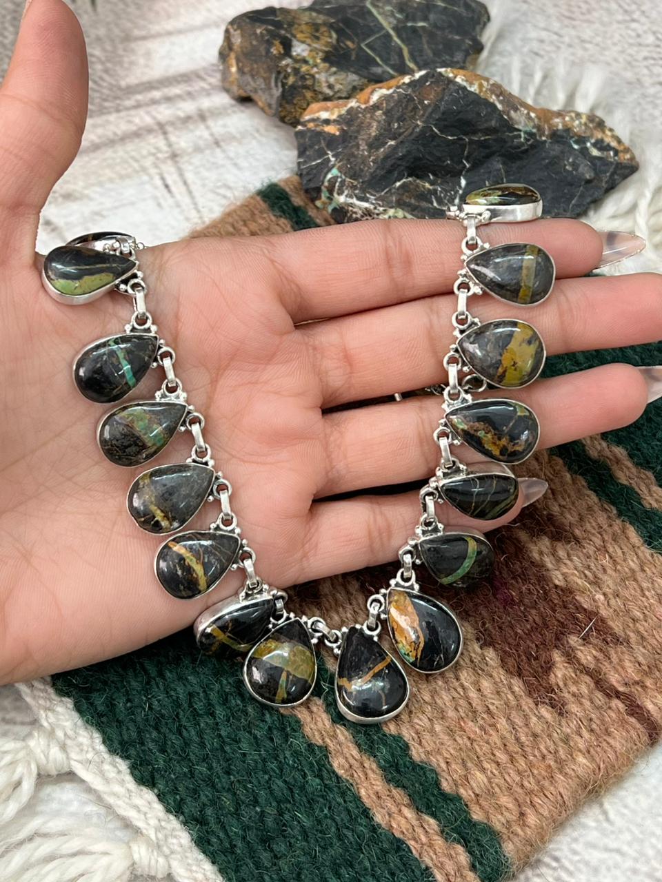 Handmade Sterling Silver Blackjack Turquoise Necklace "Signed Nizhoni"