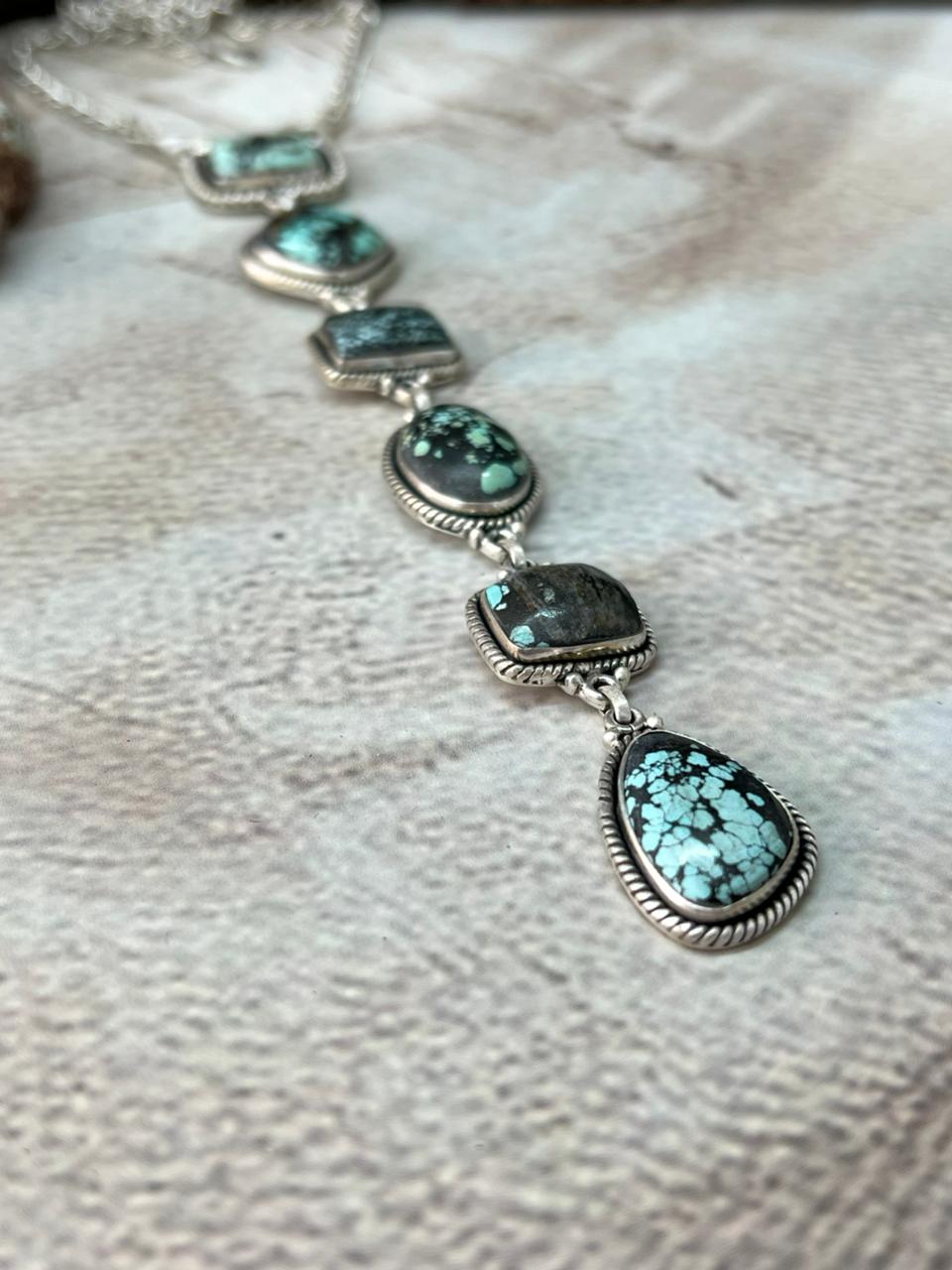 Handmade Sterling Silver Lander Turquoise Necklace with Signed Nizhoni