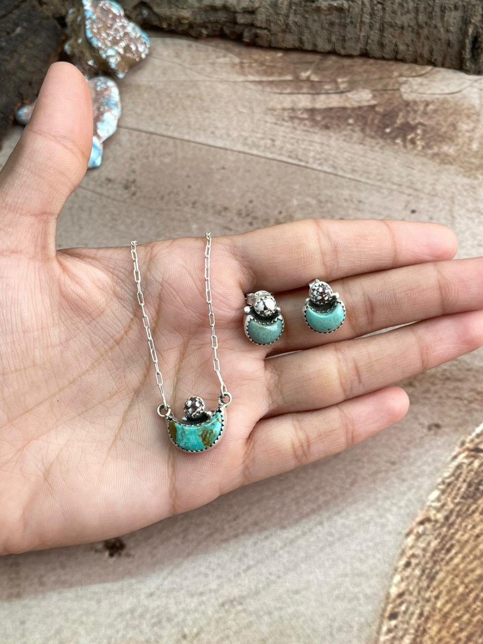 Handmade Sterling Silver Wildhorse Magnesite With Kingman Turquoise Moon Shape Necklace Earrings Set with Signed Nizhoni