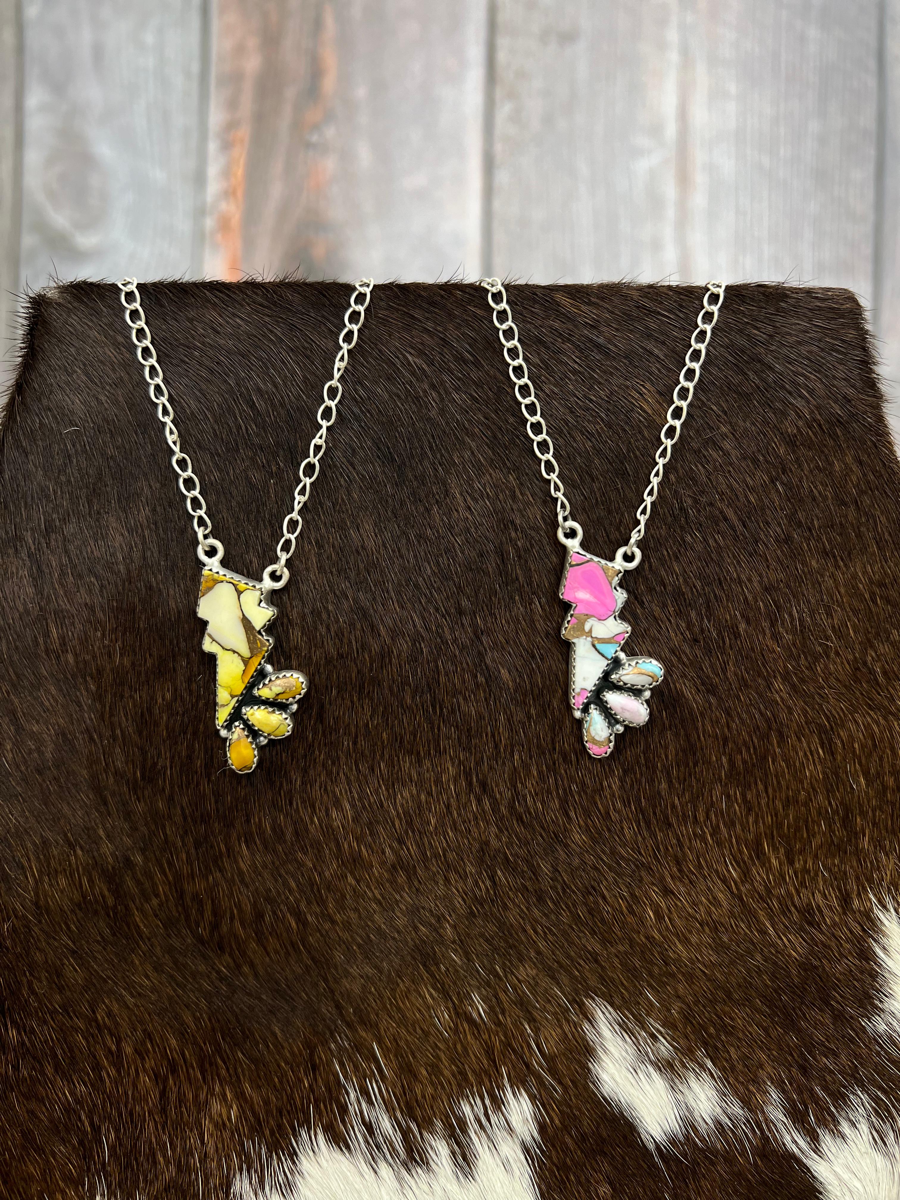 Handmade Sterling Silver Multi Gemstone Lightening Bolt Necklace with Signed Nizhoni