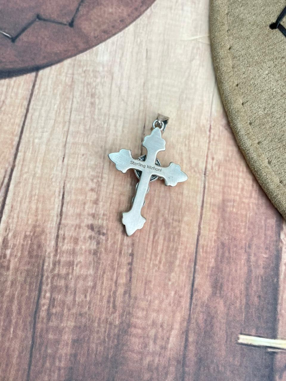 Handmade Sterling Silver Kingman Turquoise Cross Pendant "Signed Nizhoni"