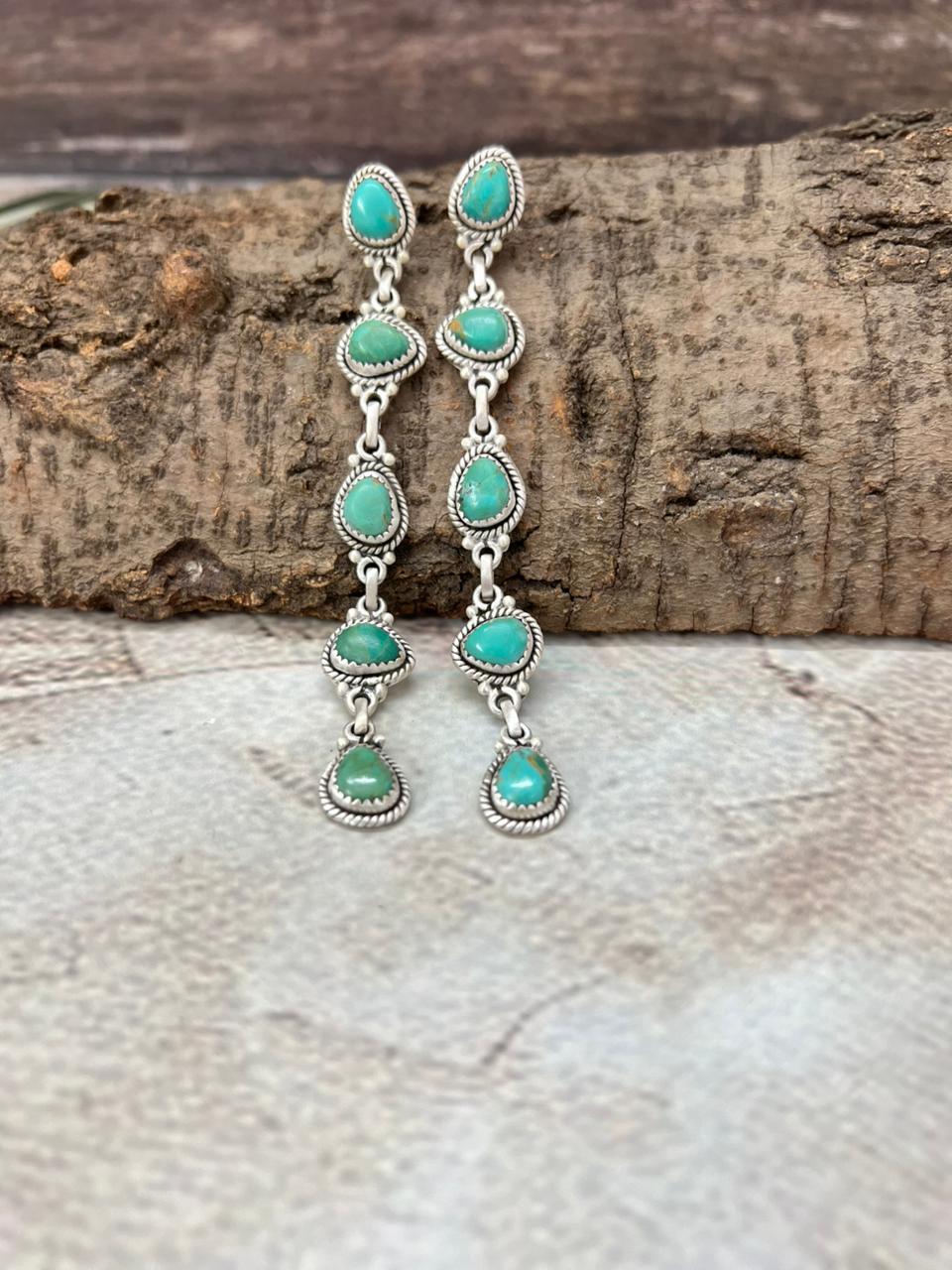 Handmade Sterling Silver Kingman Turquoise Post Dangle Earrings with Signed Nizhoni