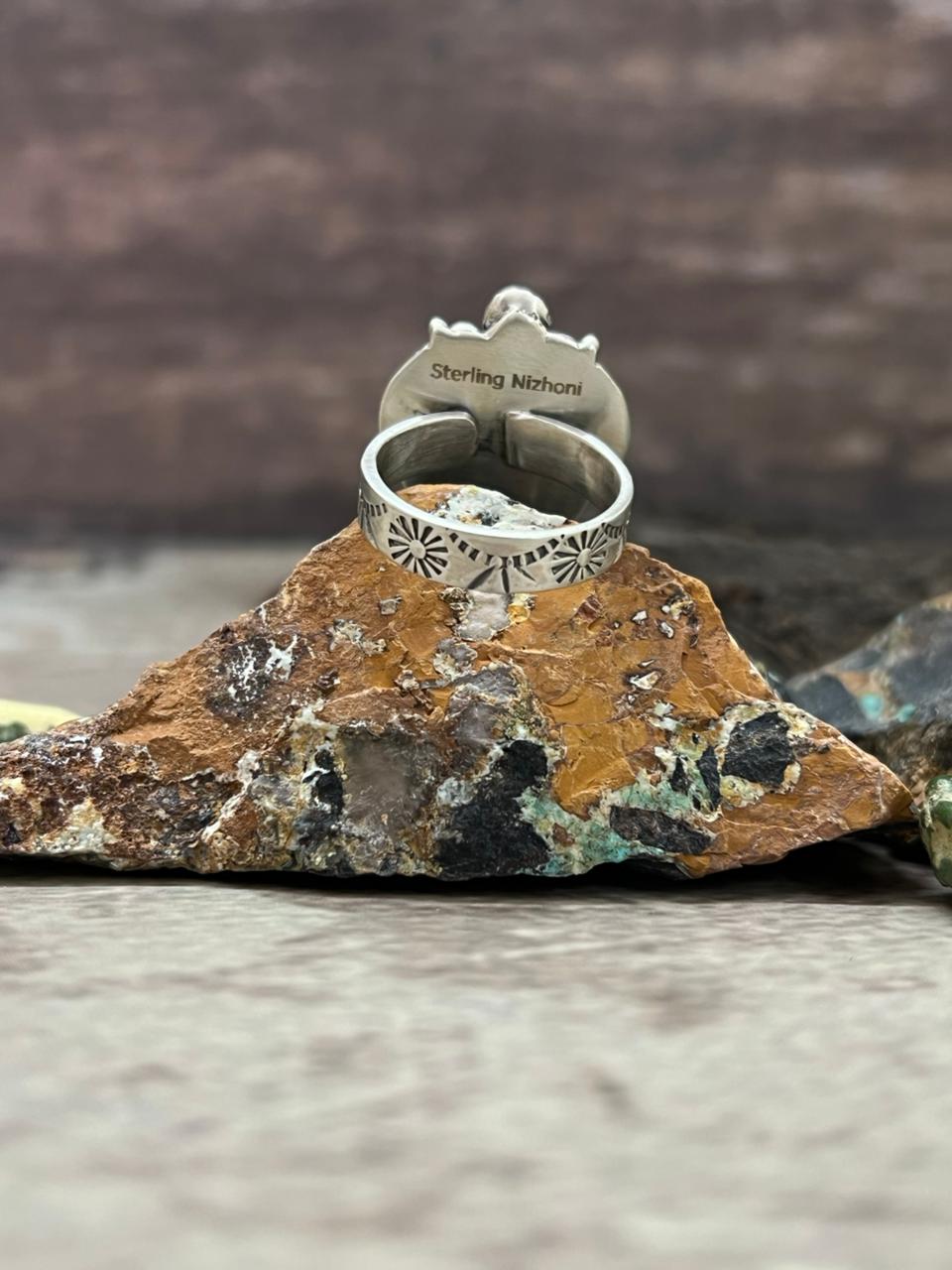 Handmade Sterling Silver Sonoran Mountain Turquoise Adjustable Ring "Signed Nizhoni"