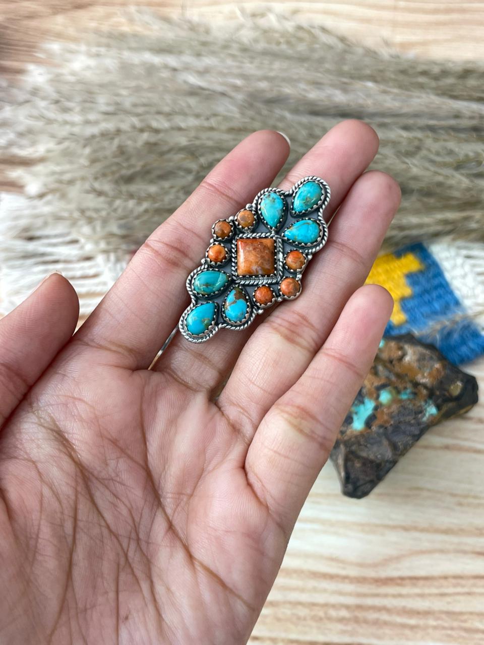 Handmade Sterling Silver Kingman with Orange Mojave Adjustable Ring "Signed Nizhoni"