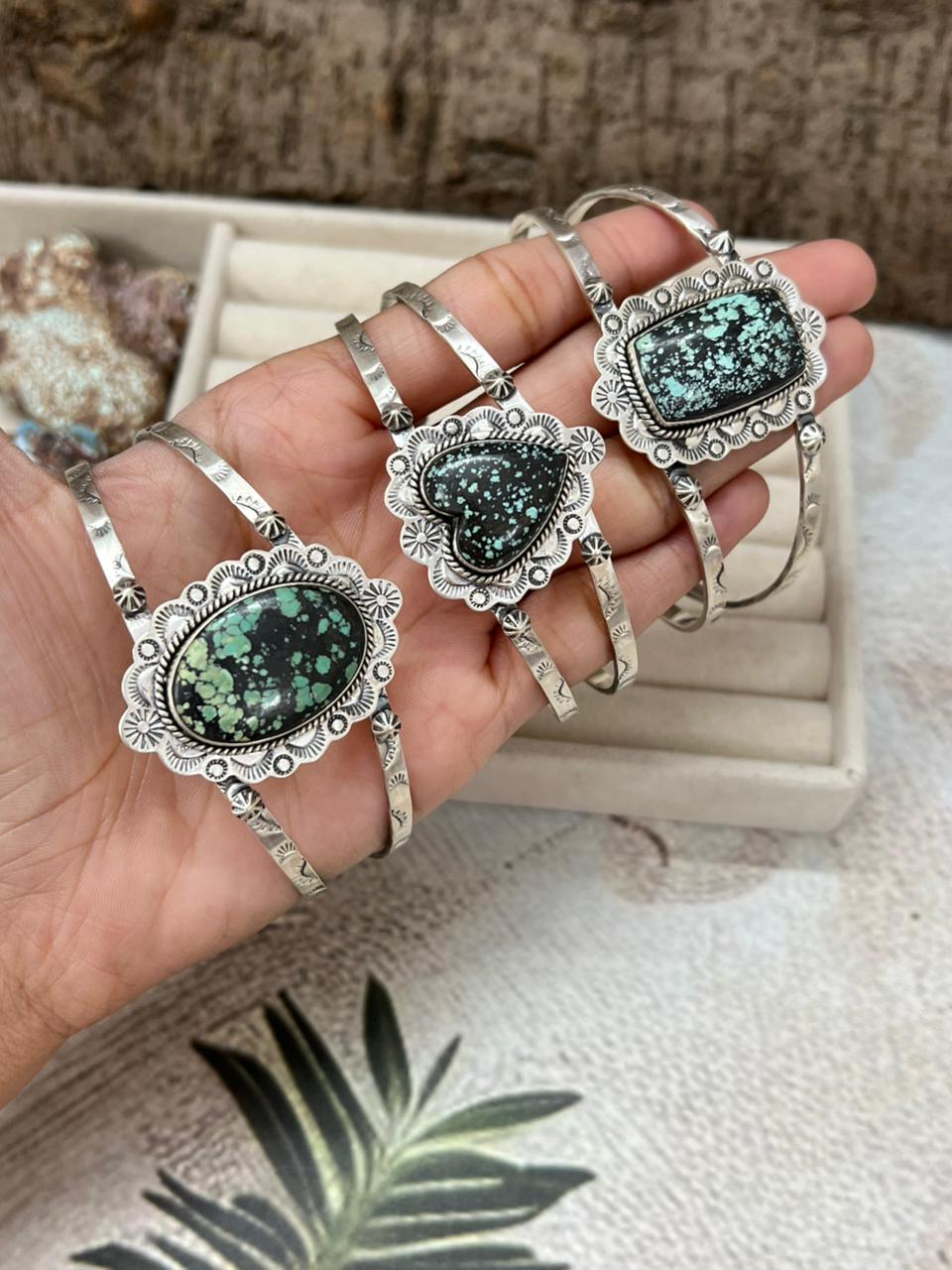 Handmade Sterling Silver Lander Turquoise Cuff Bracelet with Signed Nizhoni