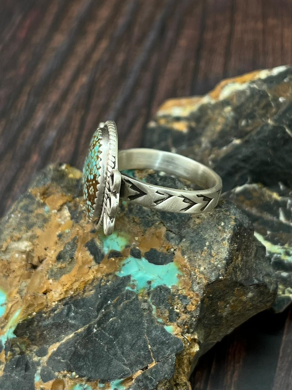 Handmade Sterling Silver Number 8 Turquoise Adjustable Ring "Singed Nizhoni"