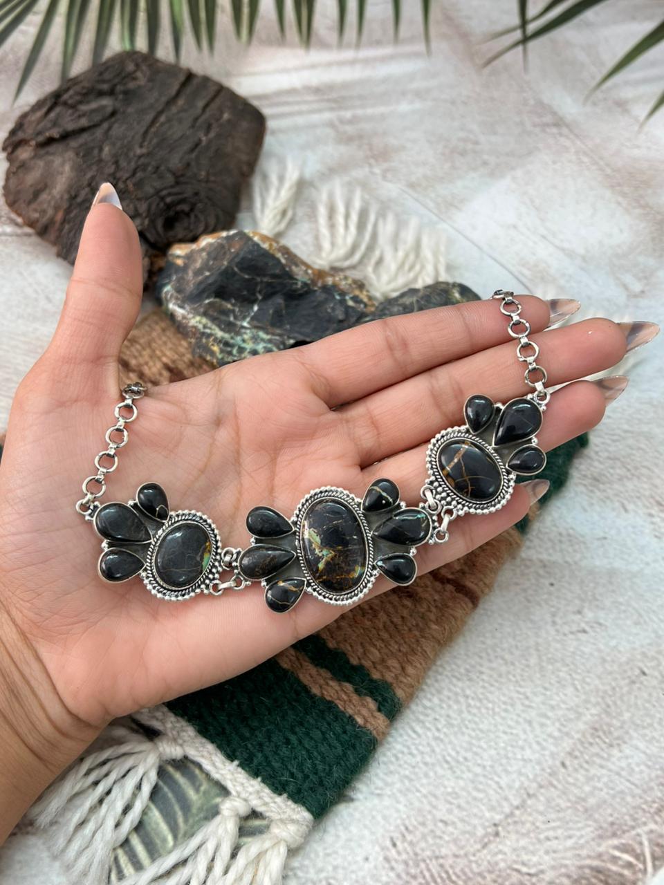 Handmade Sterling Silver Blackjack Turquoise Choker Necklace "Signed Nizhoni"