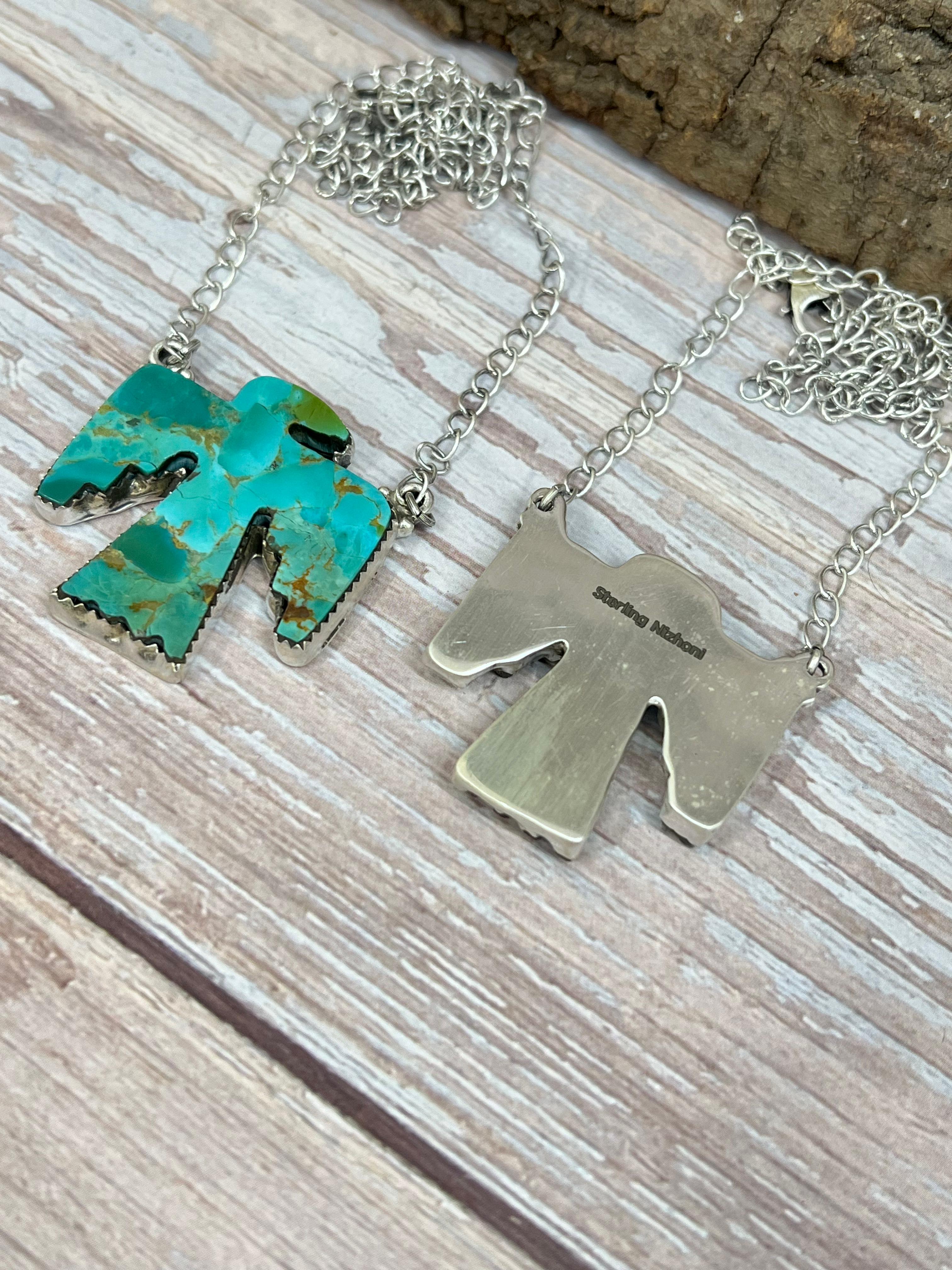 Handmade Sterling Silver White Buffalo, Kingman Turquoise Thunder Bird Necklace, Signed Nizhoni (2)