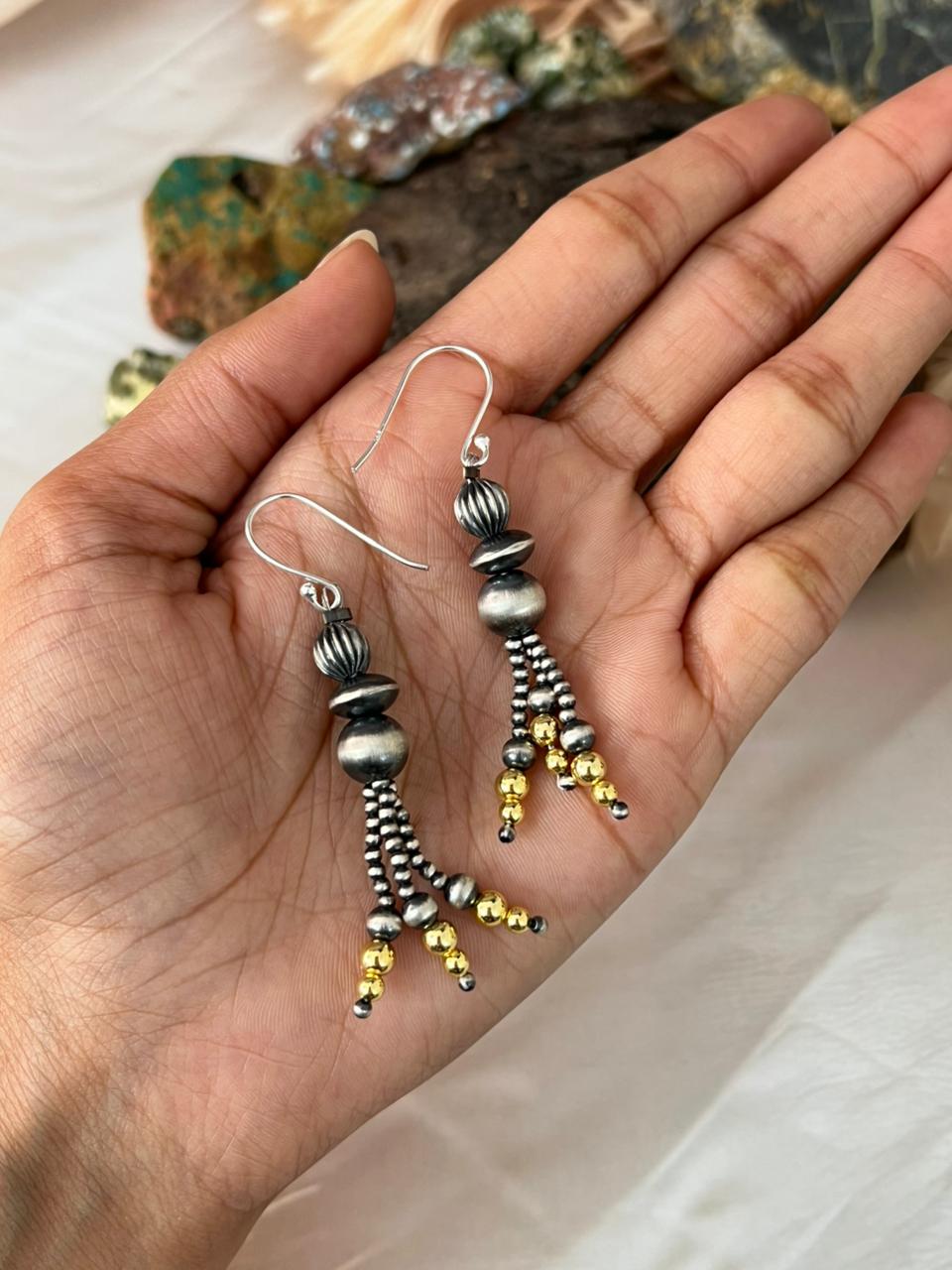 Handmade Sterling Silver and Gold Beads Hook Dangle Earrings