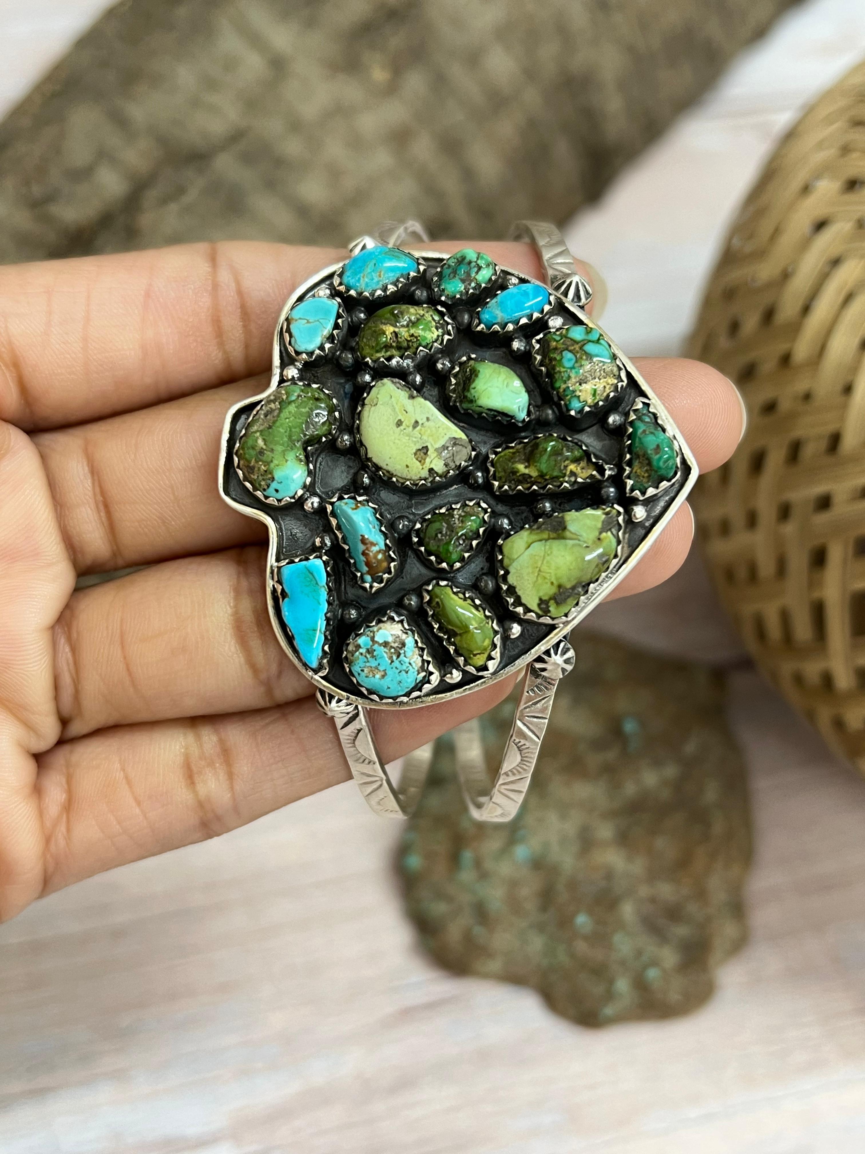 Handmade Sterling Silver Golden Hill, Sonoran Mountain Turquoise Spade Bracelet with Signed Nizhoni /