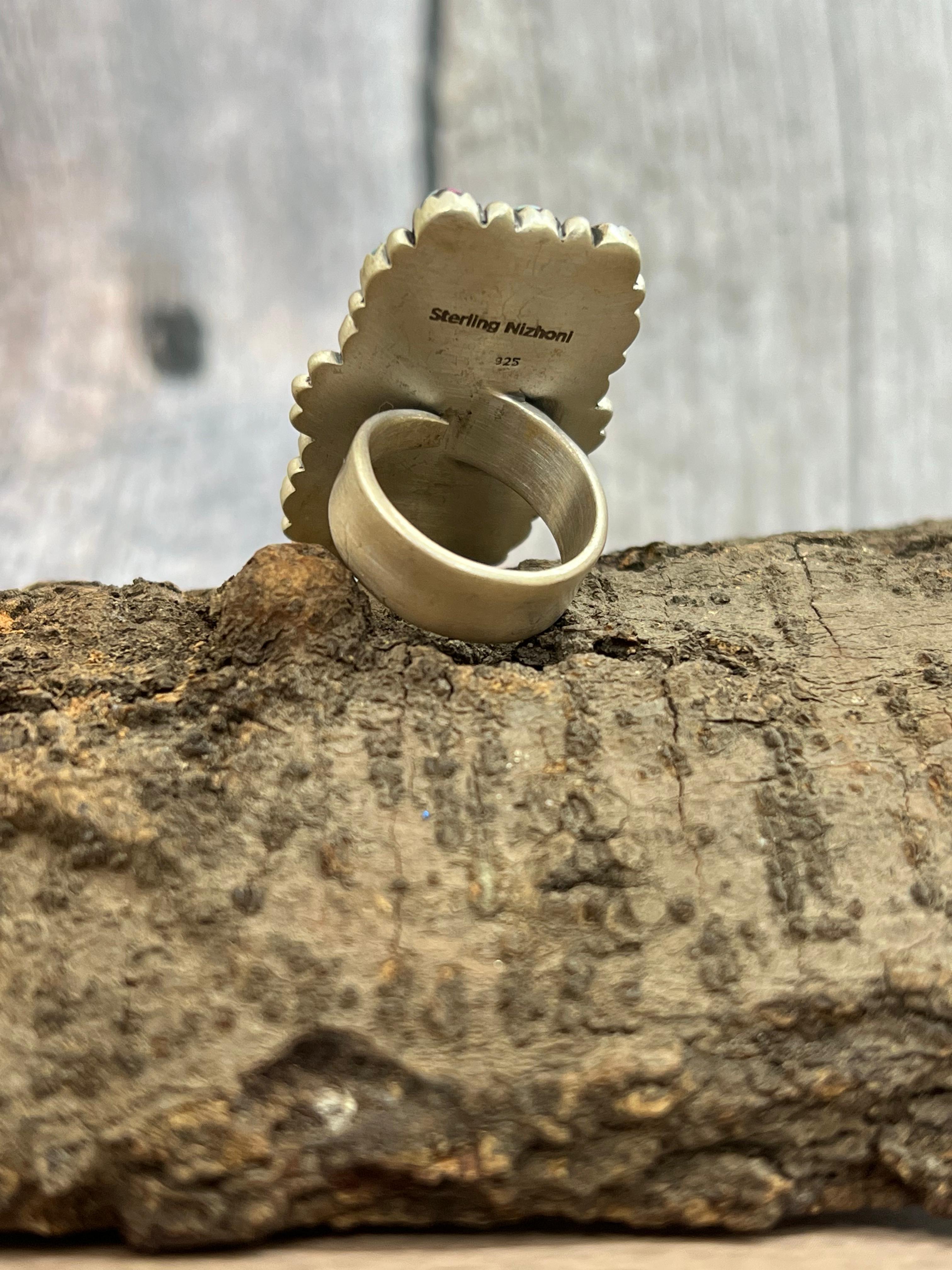 Handmade Sterling Silver Cotton Candy Turquoise Adjustable Rings with Signed Nizhoni