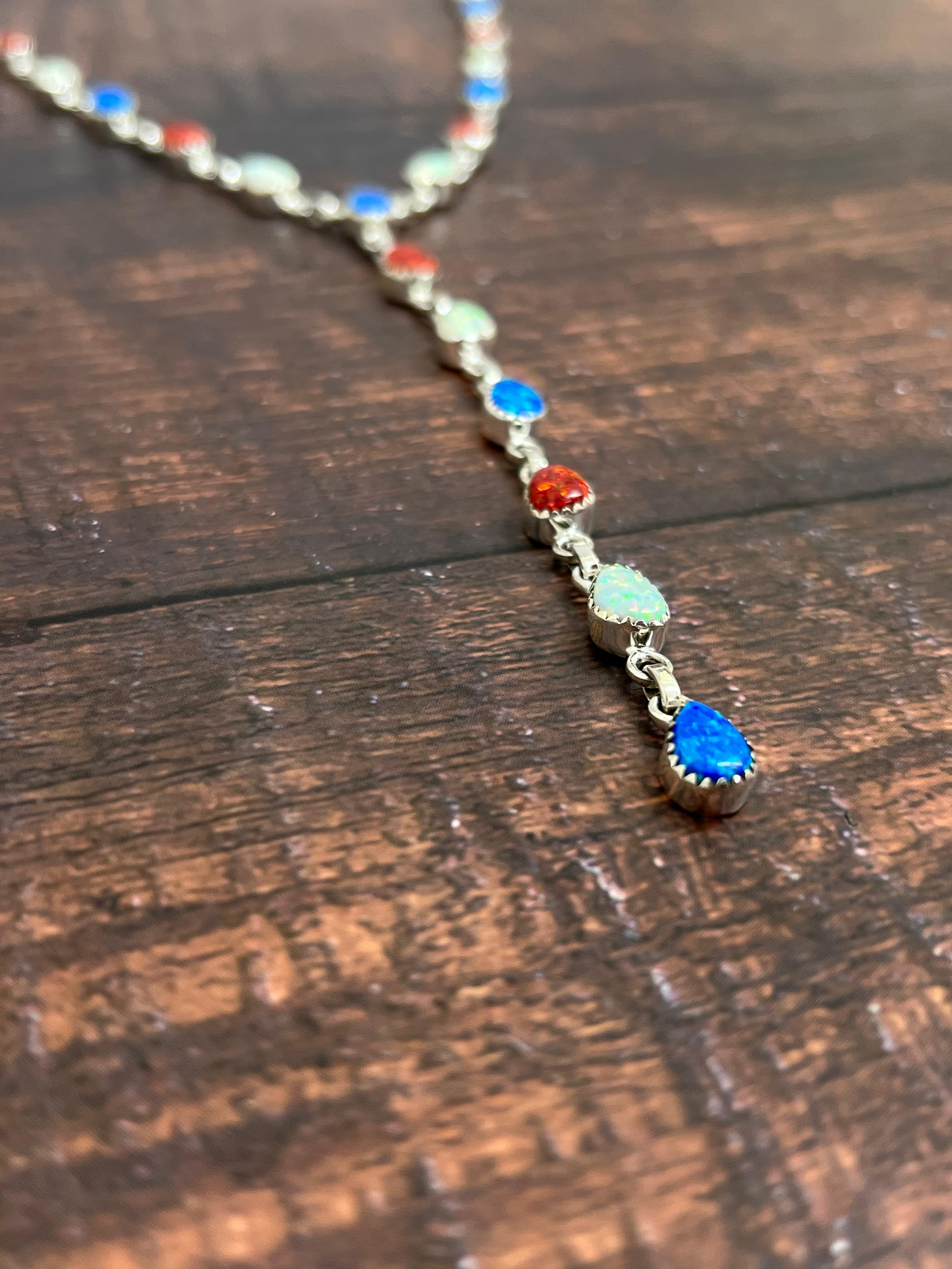 ** 4TH OF JULY ** Handmade Sterling Silver Synthetic Opal Necklace with Signed Nizhoni