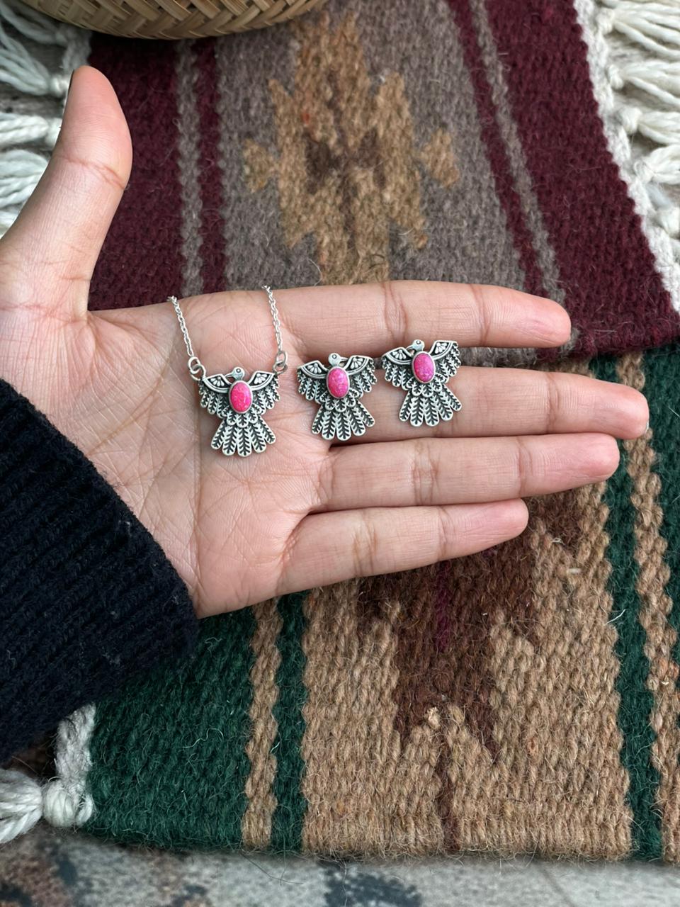 Handmade Sterling Silver Hot Pink Necklace Earrings Set "Signed Nizhoni"