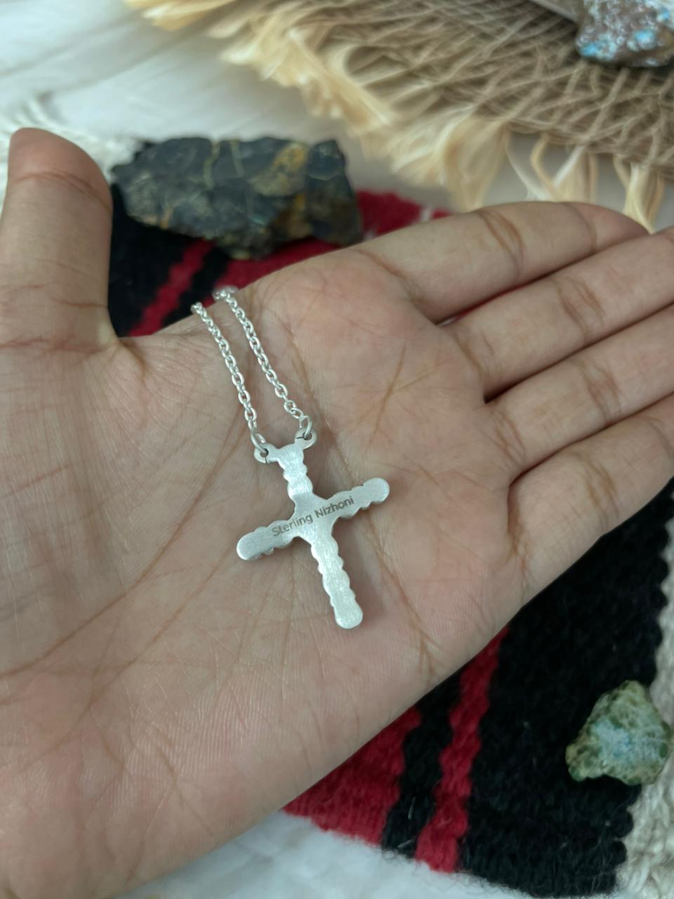 Handmade Sterling Silver Kingman Turquoise Cross Necklace "Signed Nizhoni"