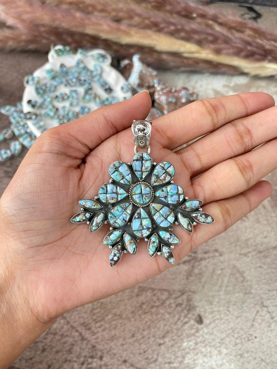 Handmade Sterling Silver Golden Hills Turquoise Cobble Collection Pendant "Signed Nizhoni"