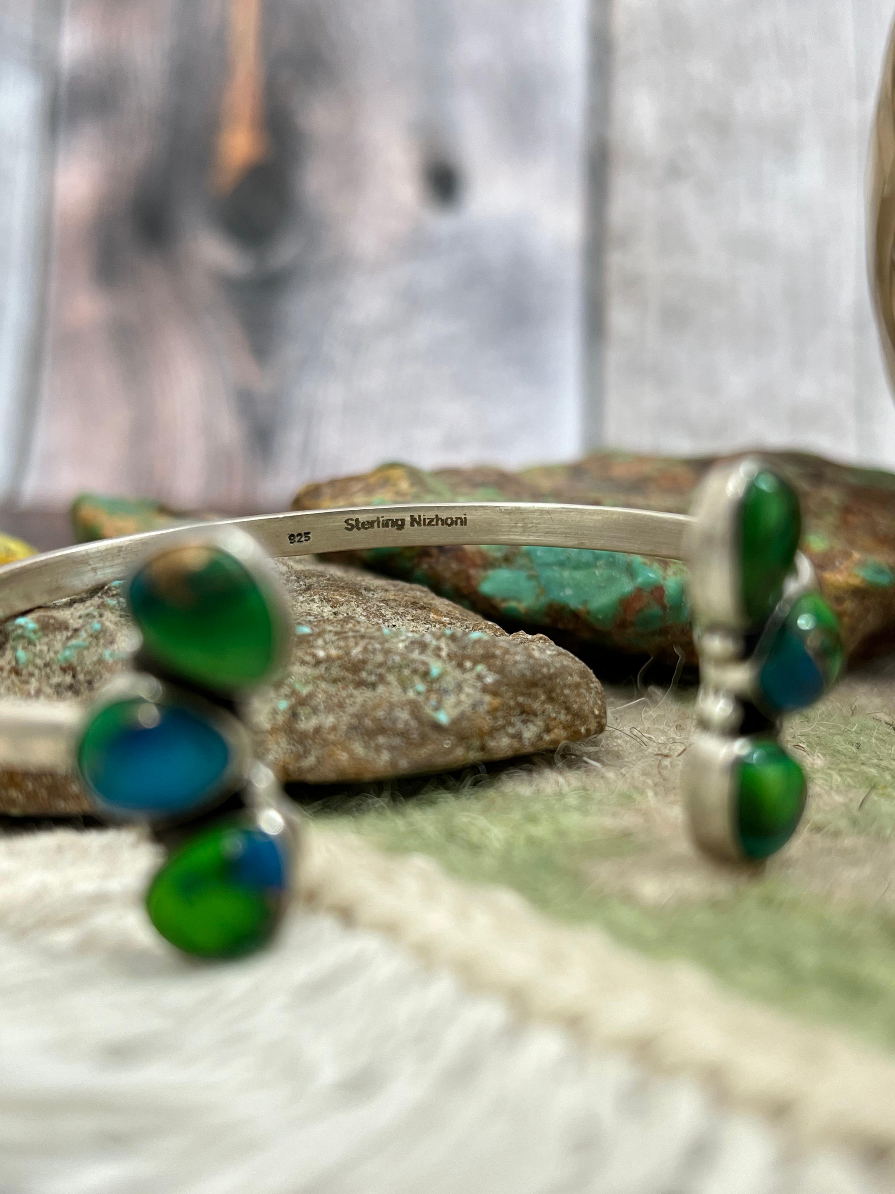 Handmade Sterling Silver Peacock Dahlia Cuff Bracelet with Signed Nizhoni