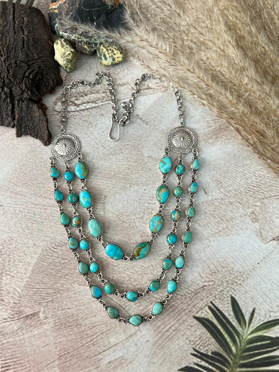 Handmade Sterling Silver Kingman Turquoise Layered Necklace "Signed Nizhoni"