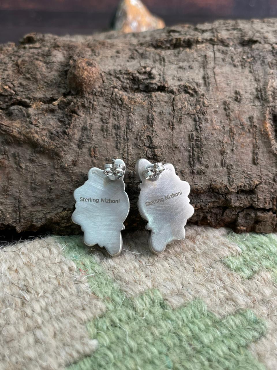 Handmade Sterling Silver White Buffalo Post Studs Earrings "Signed Nizhoni"
