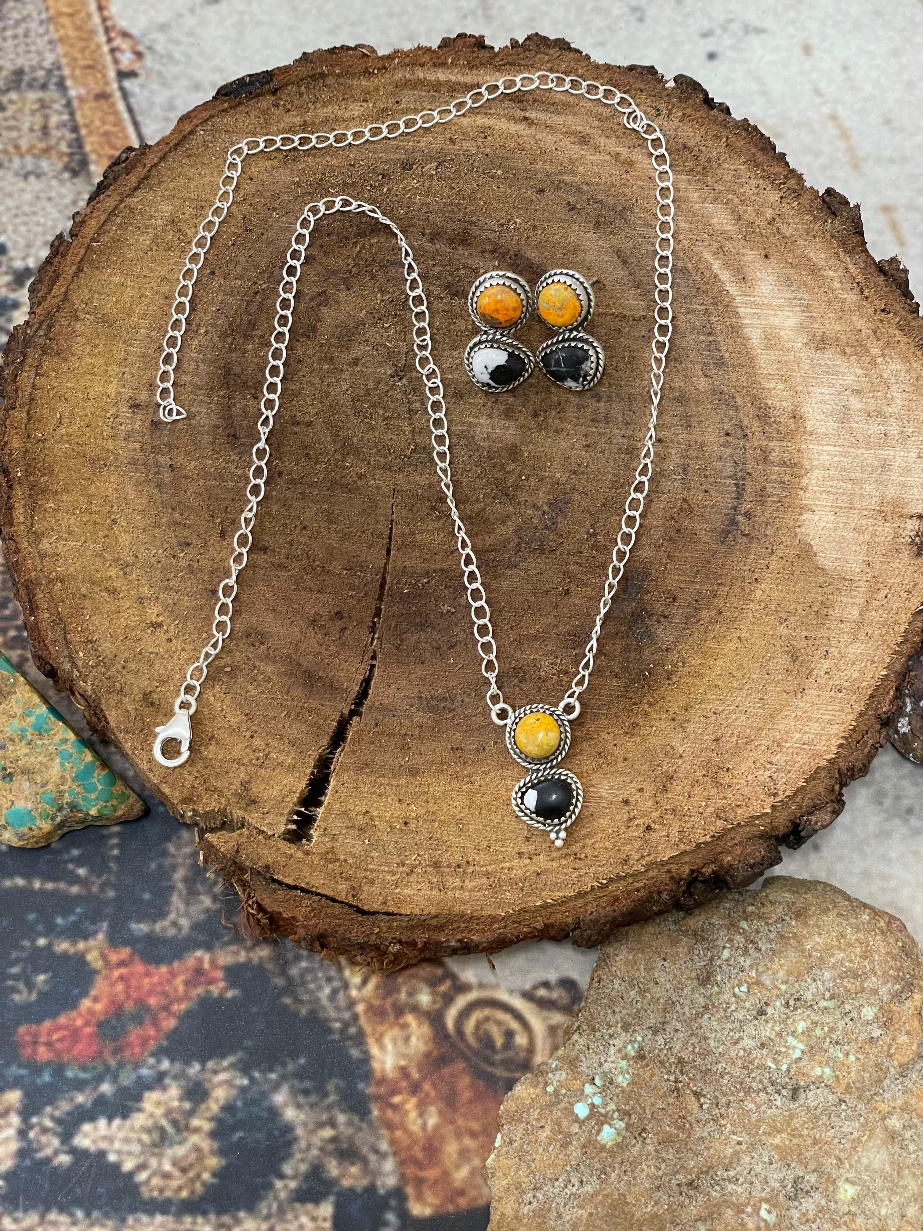 "Halloween Collection" Handmade Sterling Silver White Buffalo, Bumblebee Necklace with Signed Nizhoni
