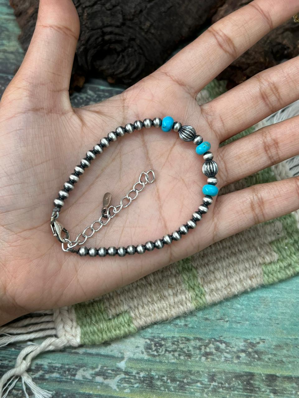 Handmade Sterling Silver Kingman Turquoise Beaded Bracelet "Signed Nizhoni"