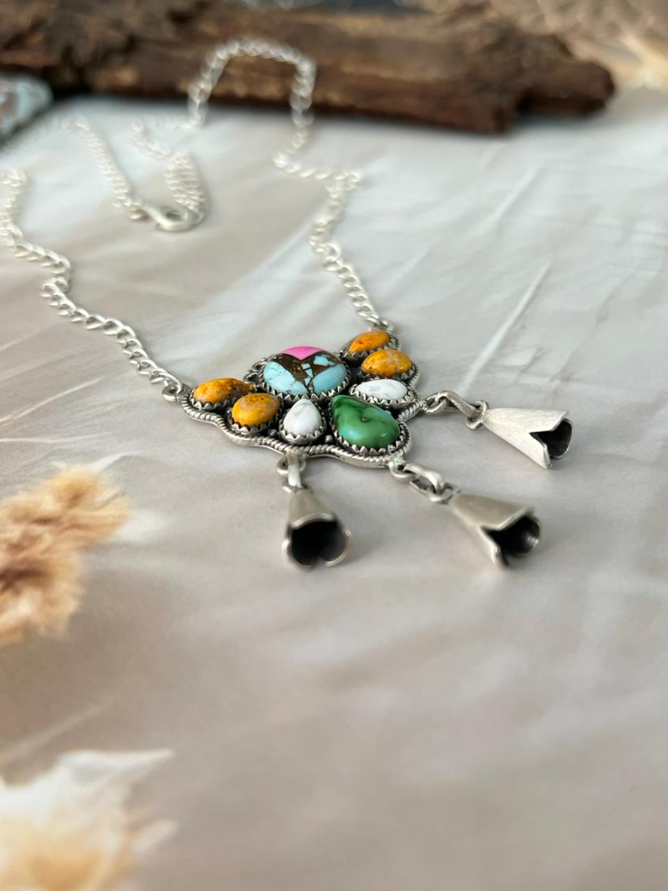 Handmade Sterling Silver Spring Collection: White Buffalo with Cotton Candy, Bumblebee and Sonoran Necklace "Signed Nizhoni"