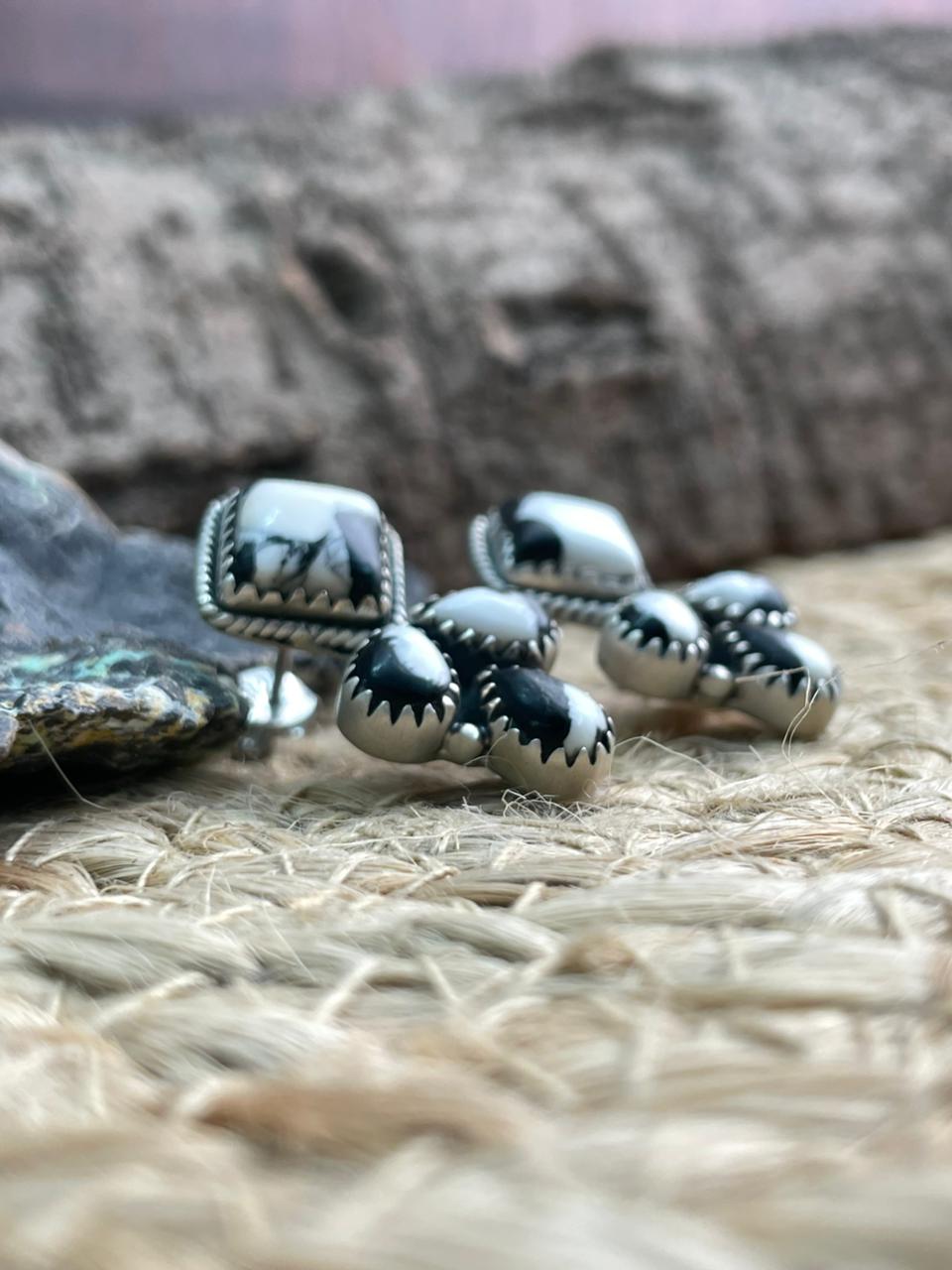 Handmade Sterling Silver White Buffalo Post Studs Earrings "Signed Nizhoni"