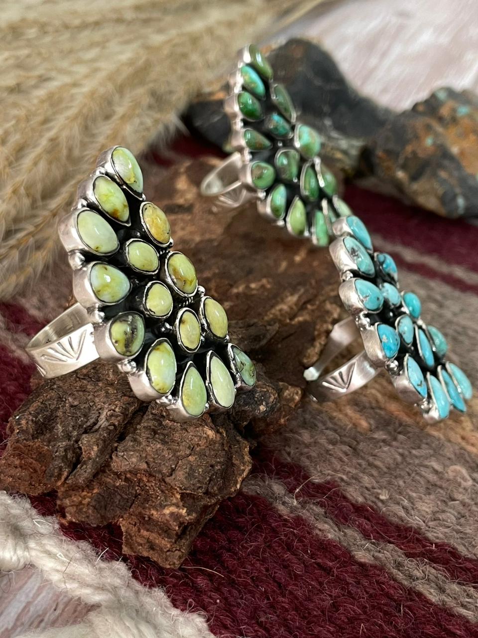 Handmade Sterling Silver White Water, Sonoran and Palomino Turquoise Adjustable Ring "Signed Nizhoni"