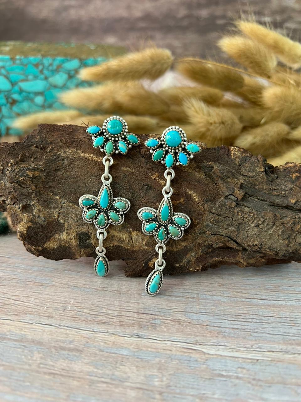 Handmade Sterling Silver Kingman Turquoise Post Dangle Earrings "Signed Nizhoni"