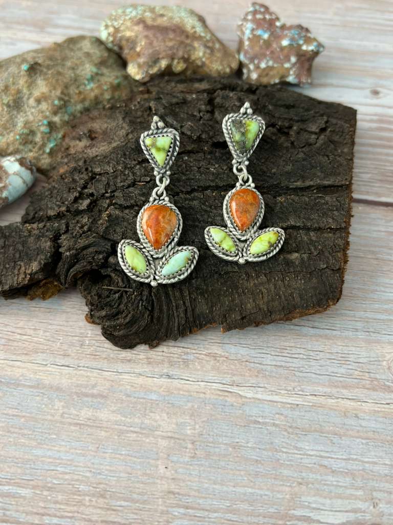 Handmade Sterling Silver Apple Coral and Palomino Post Dangle Earrings "Signed Nizhoni"