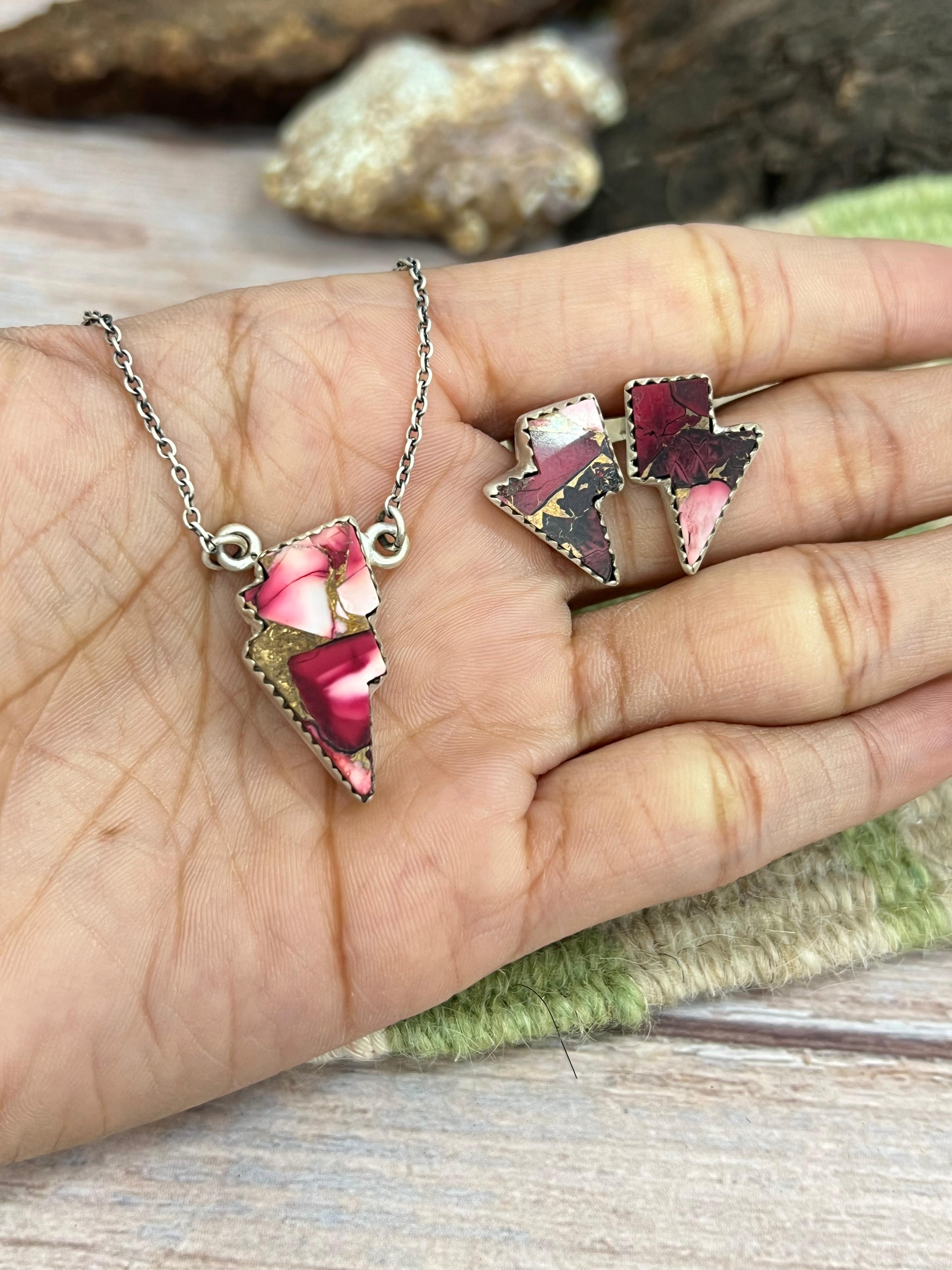 Handmade Sterling Silver Dahlia Rose Lightning Bolt Necklace Earrings Set, Signed Nizhoni (9)