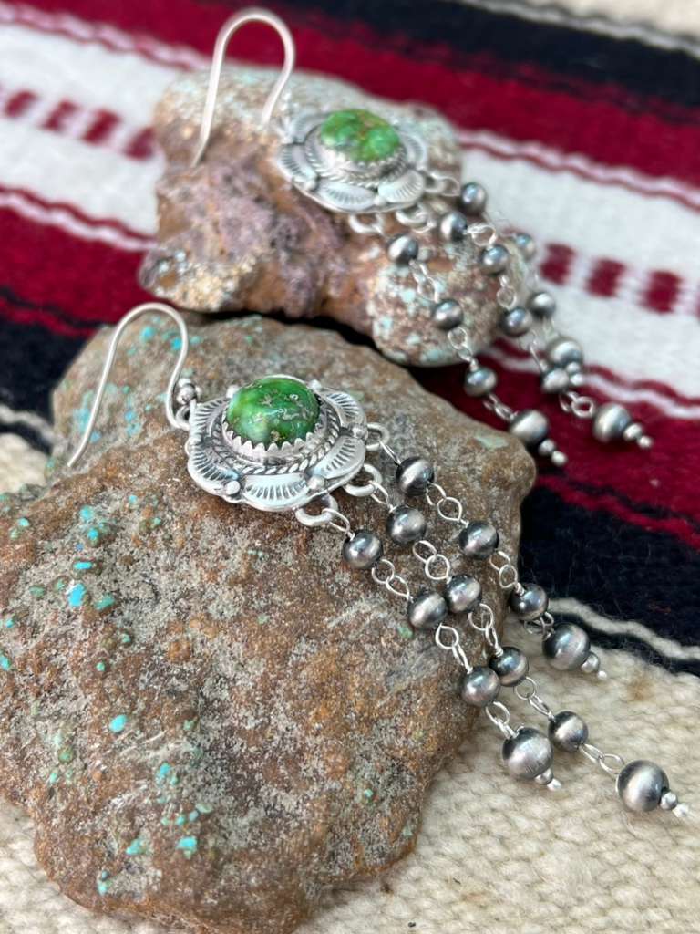 Handmade Sterling Silver Kingman Turquoise Hook Dangle Earrings with Signed Nizhoni