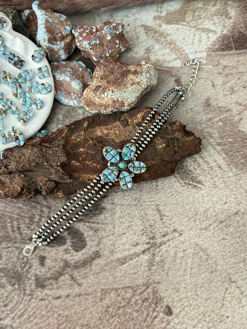 Handmade Sterling Silver Golden Hills Turquoise Cobble Collection Beaded Bracelet "Signed Nizhoni"