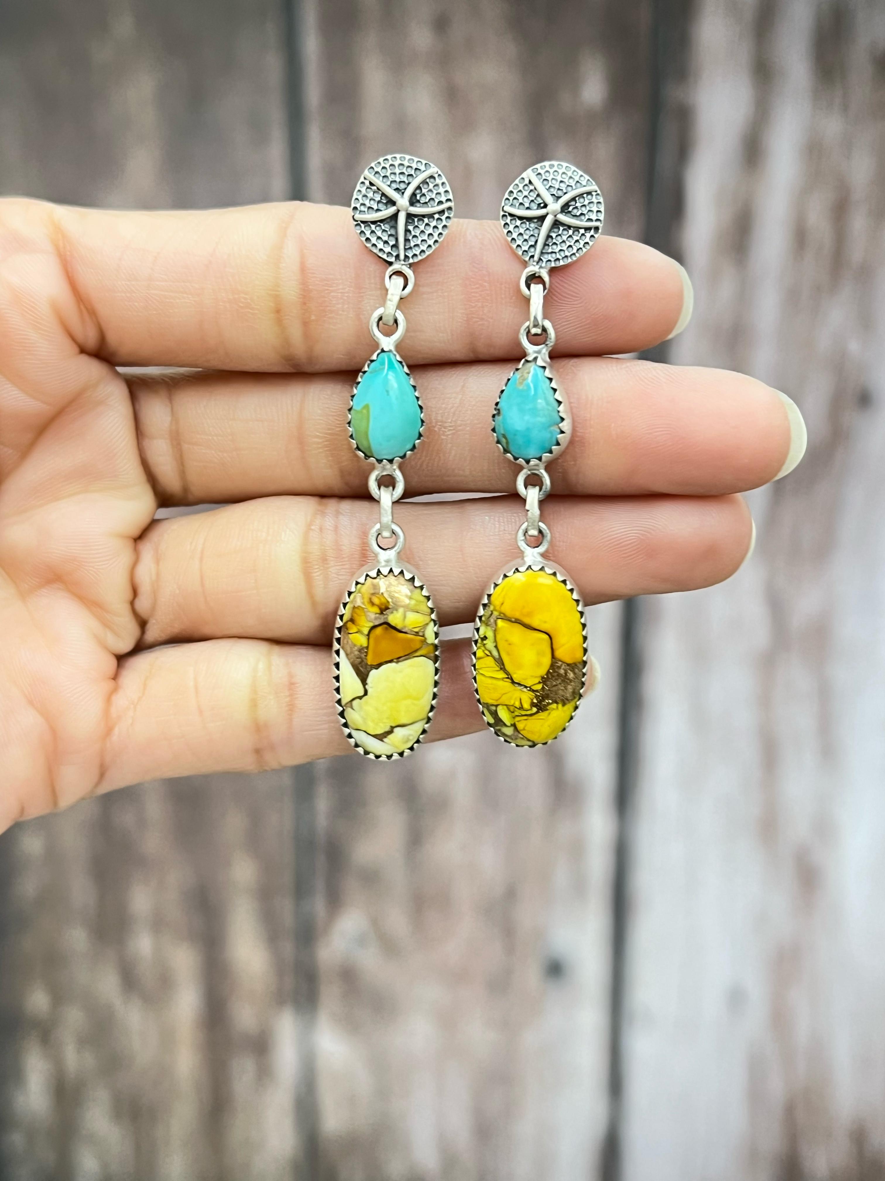 Handmade Sterling Silver Honey Dahlia with South Hill Turquoise Post Earrings, Signed Nizhoni