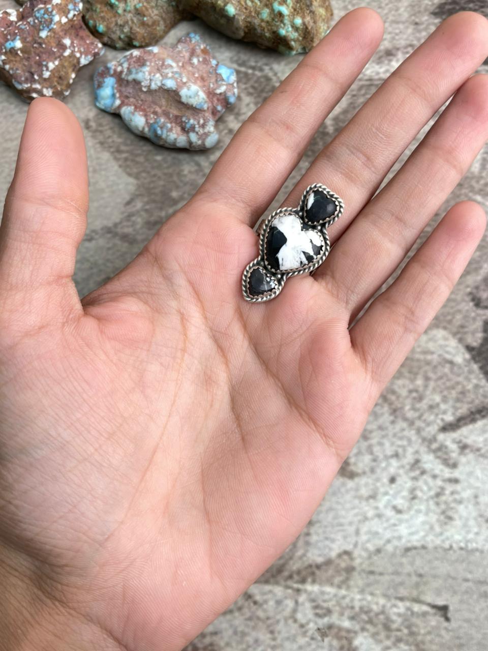 Handmade Sterling Silver White Buffalo Heart Shape Adjustable Ring with Signed Nizhoni