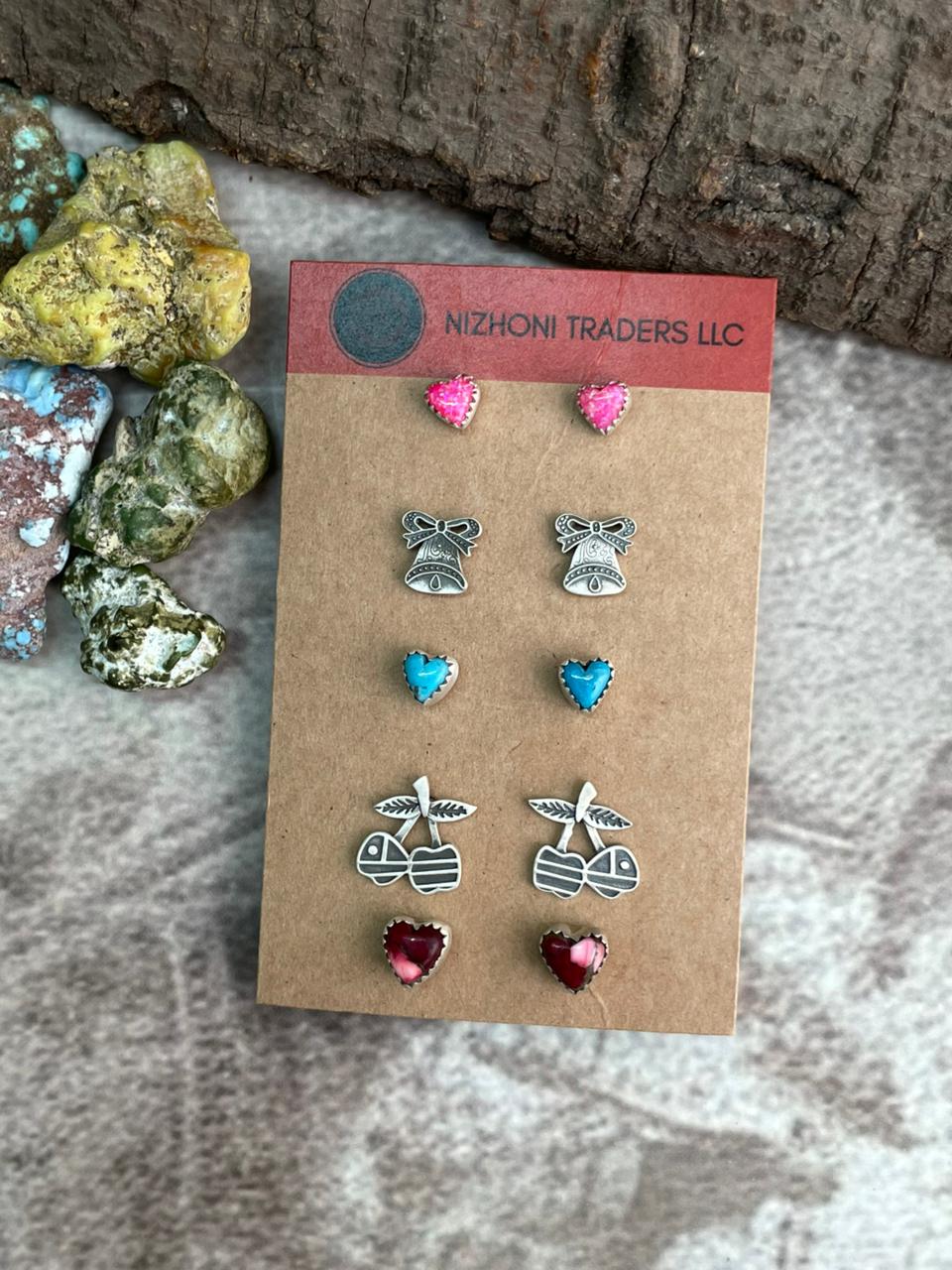 Handmade Sterling Silver Multi Stones Post Studs (Cards) "Signed Nizhoni"