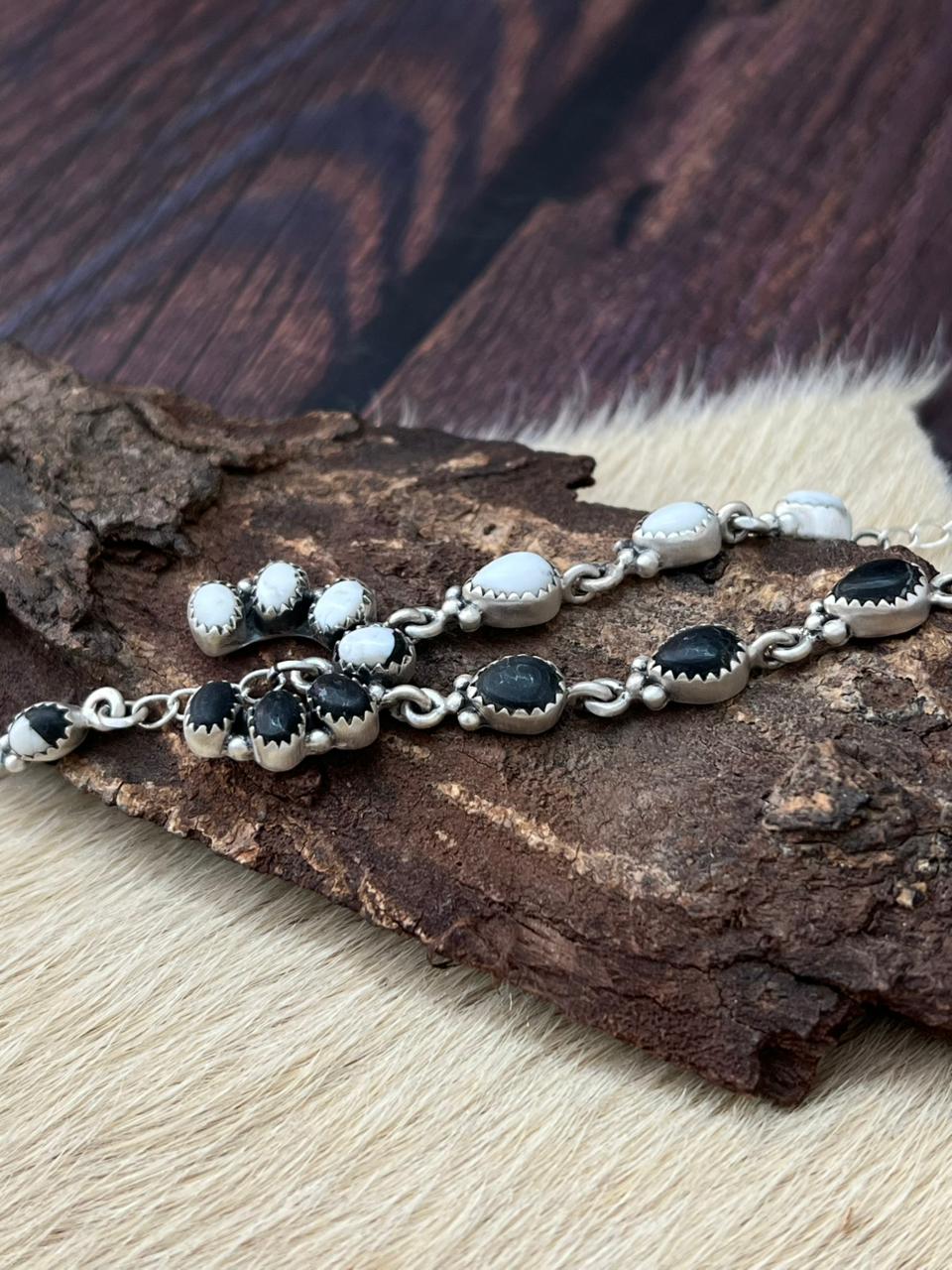 Handmade Sterling Silver White Buffalo Squash Blossom Necklace "Signed Nizhoni"