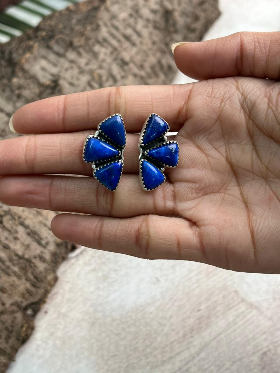 Handmade Sterling Silver Lapis Post Studs Earrings "Signed Nizhoni"
